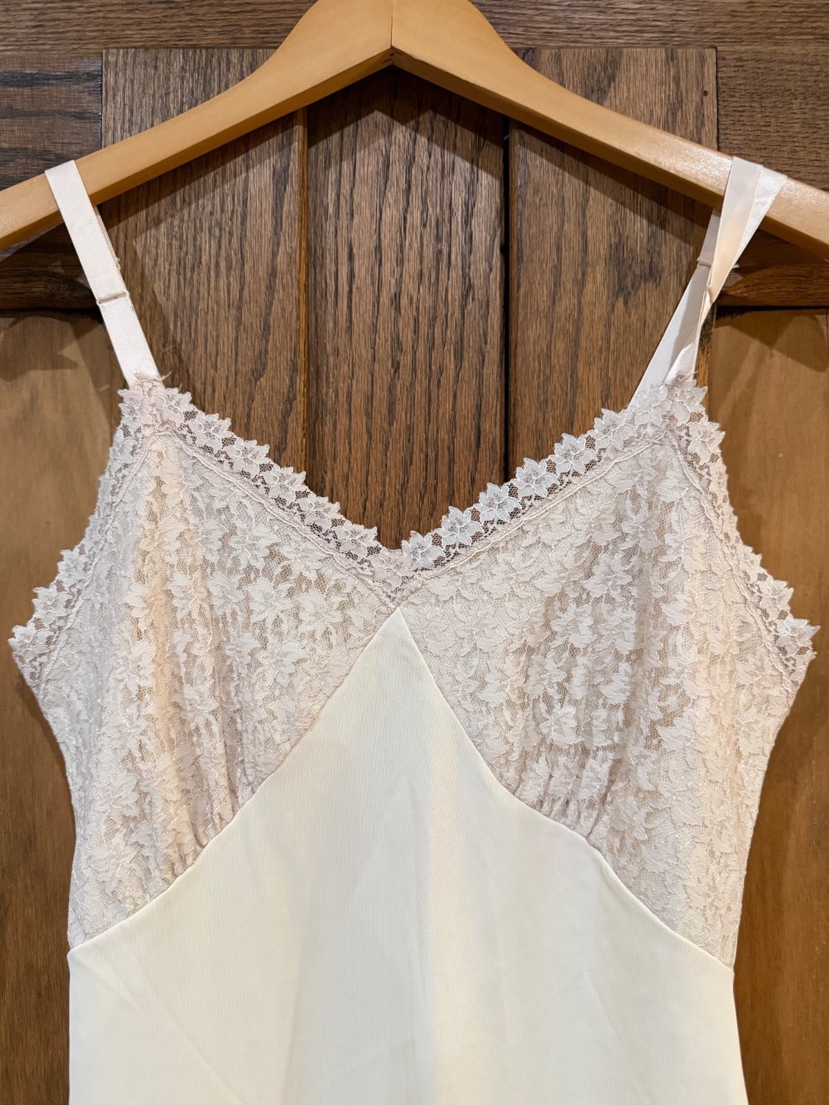 vintage size 34 Nancy King beige nude slip dress midi lace cups, twisted strap