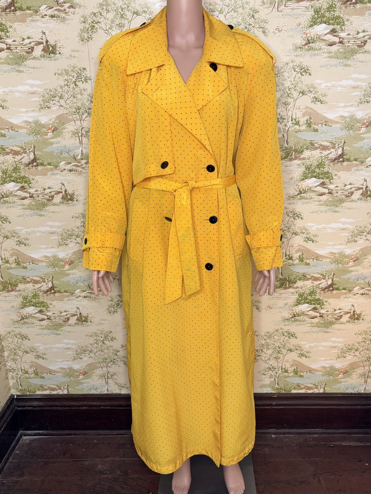 80s J Gallery Yellow Black Polka Dot Trench Coat Pleated Back Size 13/14 Vintage