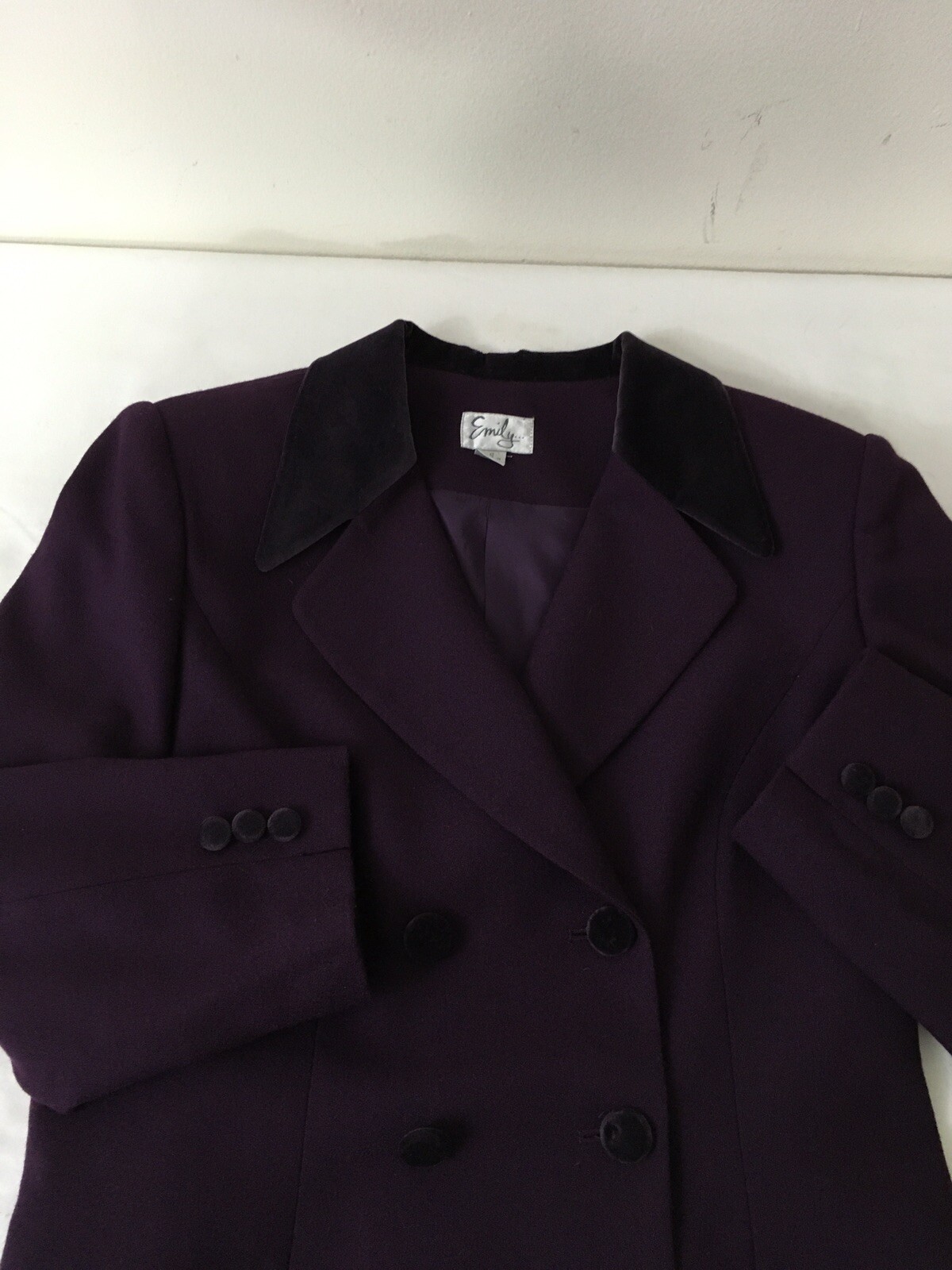 Vintage EMILY 100%Wool StretchWaist Pencil Skirt Jacket Velvet Collar Woman’s 12