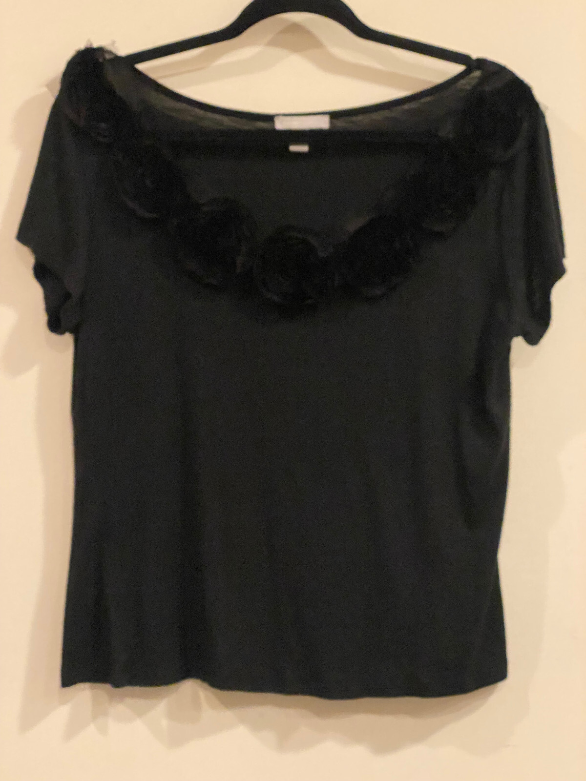 Vintage Forever Fashion Black Polyester & Spandex Top w/Black Rose Decoration -L