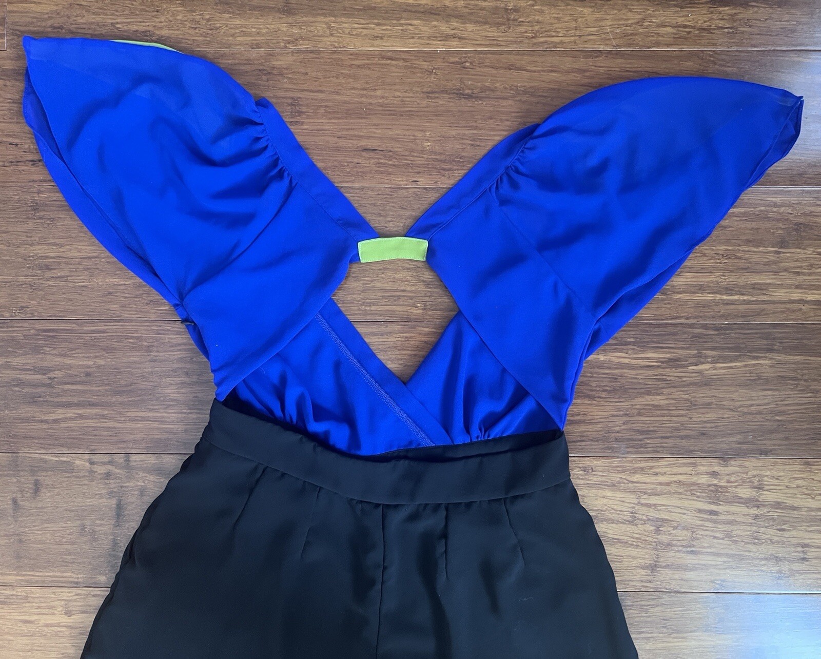BUTTERFLY SLEEVE ONE PIECE RETRO BLUE GREEN AND BLACK CHIFFON JUMPSUIT