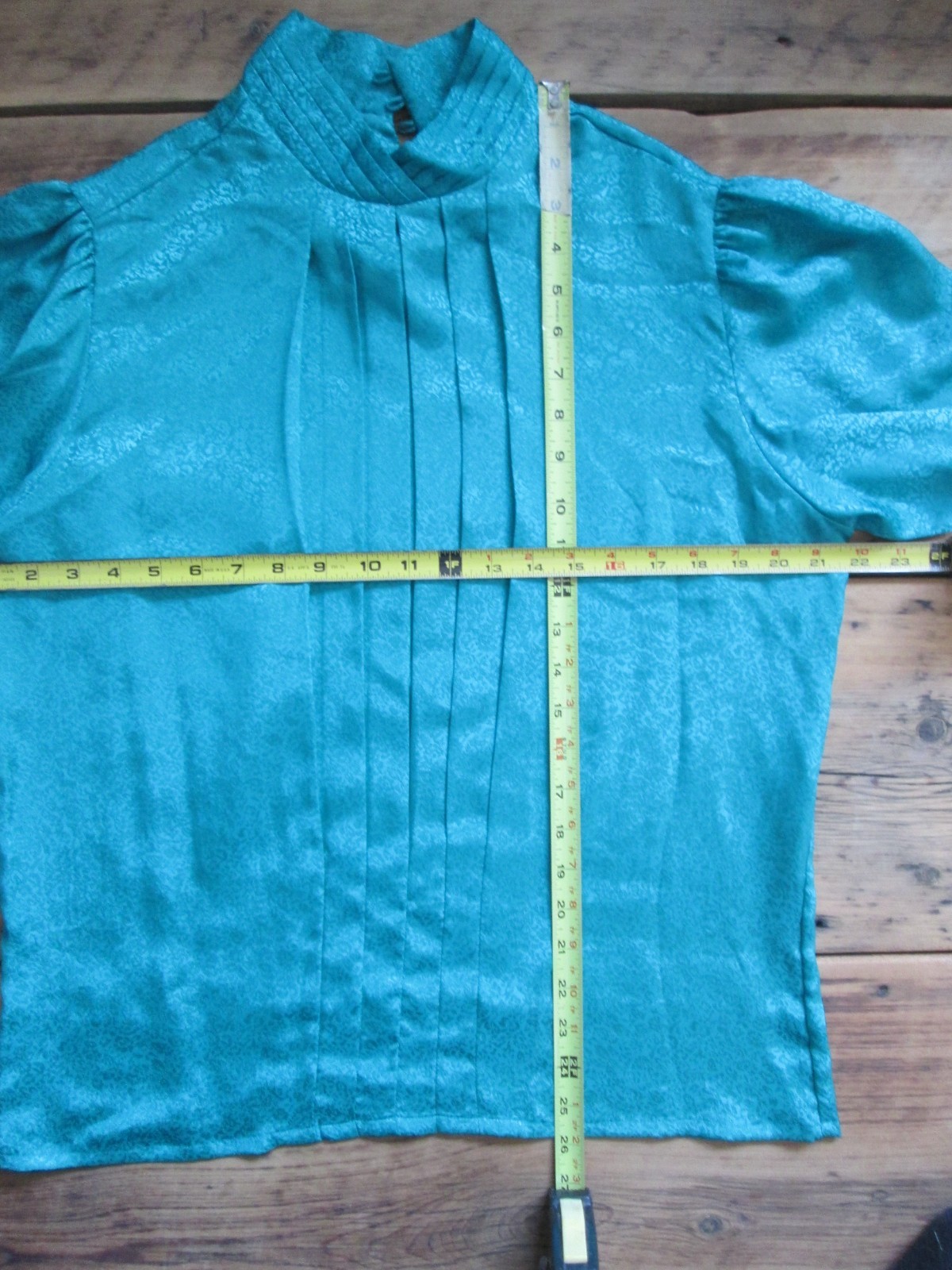 Vintage Christie & Jill Silky Blouse 12 Large Shirt Mandarin Collar Pleat Green
