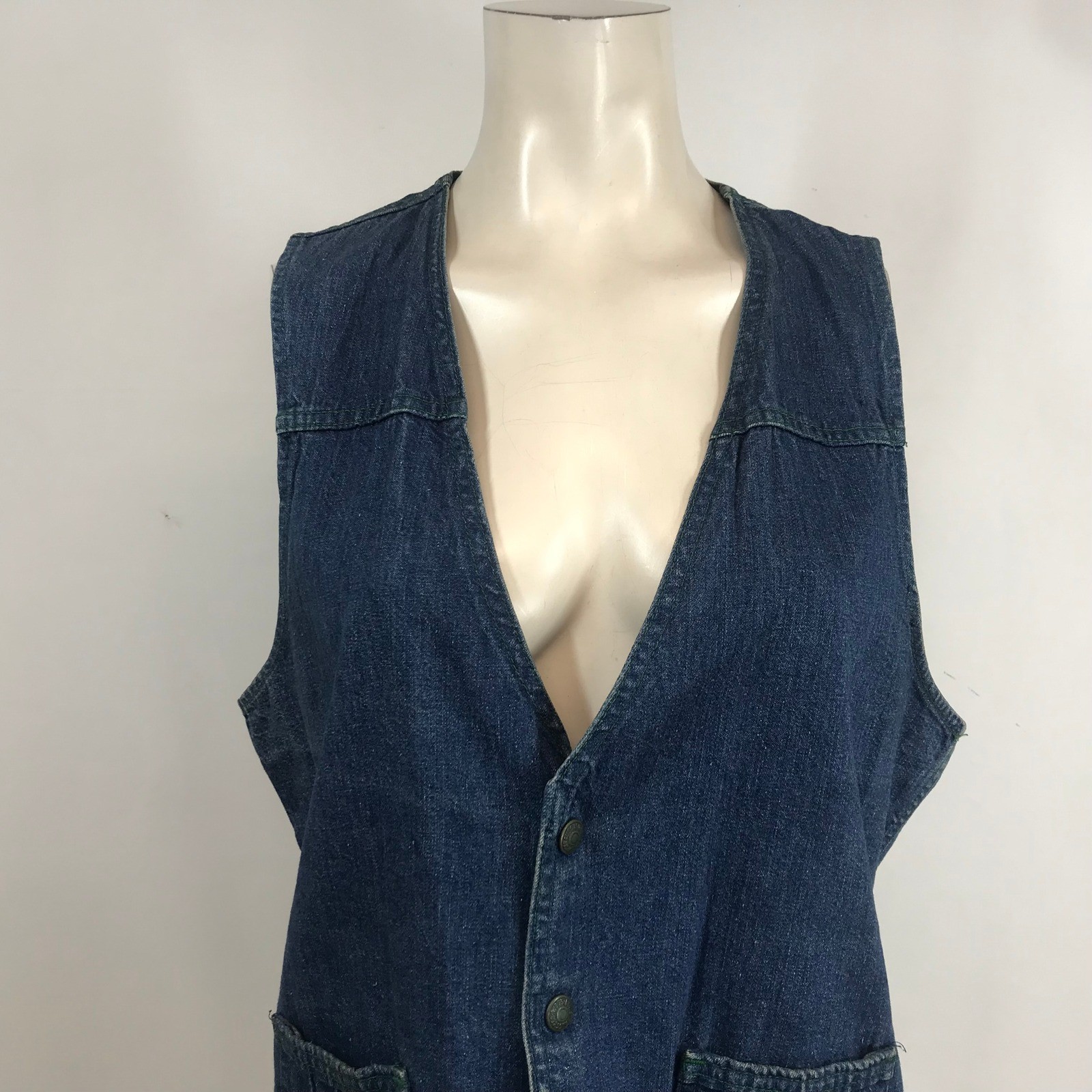 Vintage LEVI STRAUSS Dark Wash Denim Vest Green StitchButton Front Western Blue