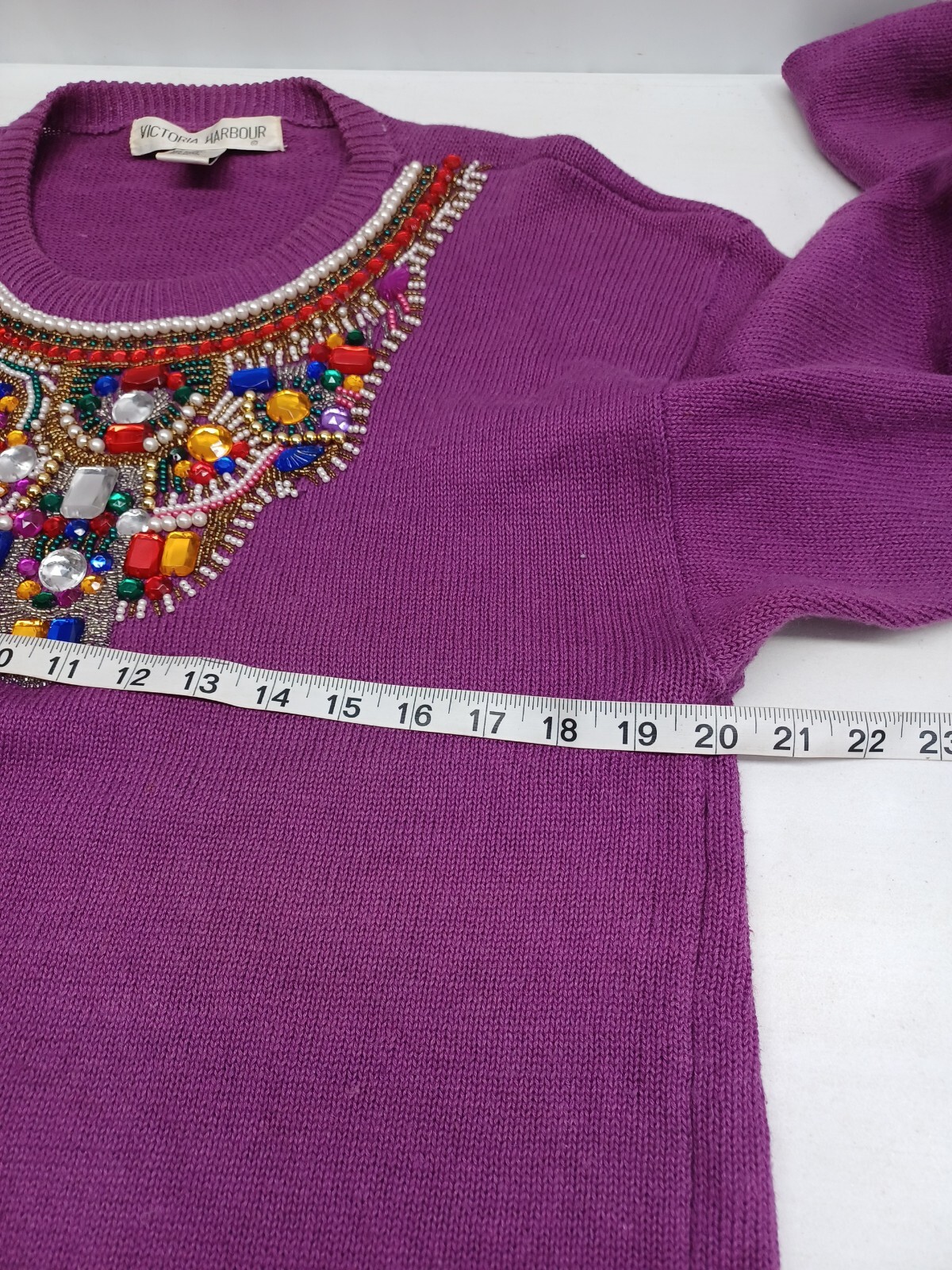 Vtg Victoria Harbour Purple Beaded Gold Sweater Embellished Size M