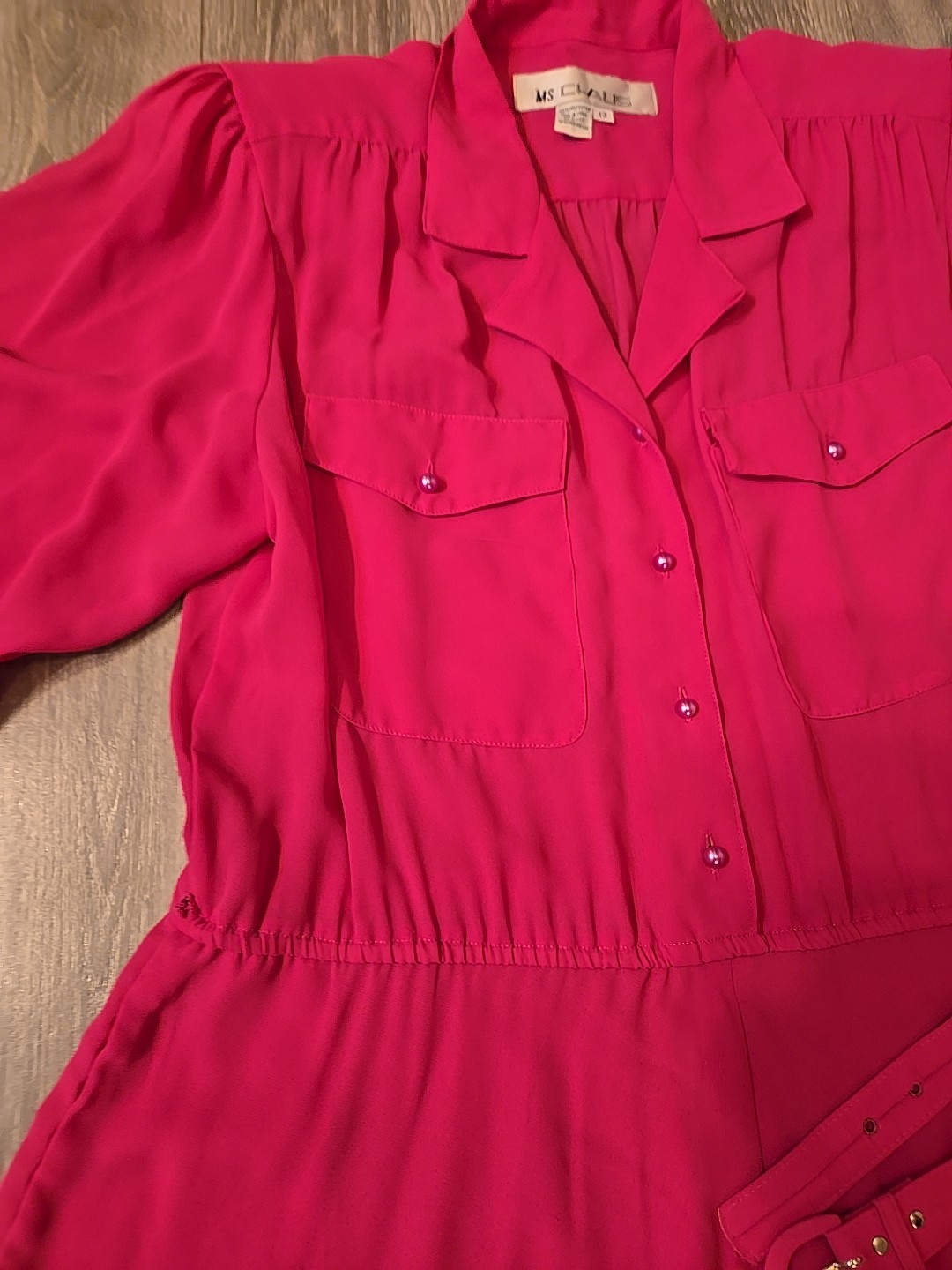 Vintage 1980s Ms Chaus Pink Belted Secretary Dress Size 12 Silky Button Down