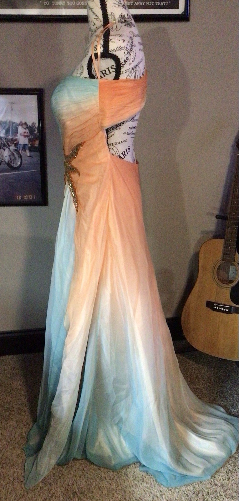 Vintage Women’s Formal Evening Chiffon Gown 2 Tone Peach&Blue Size 9/10