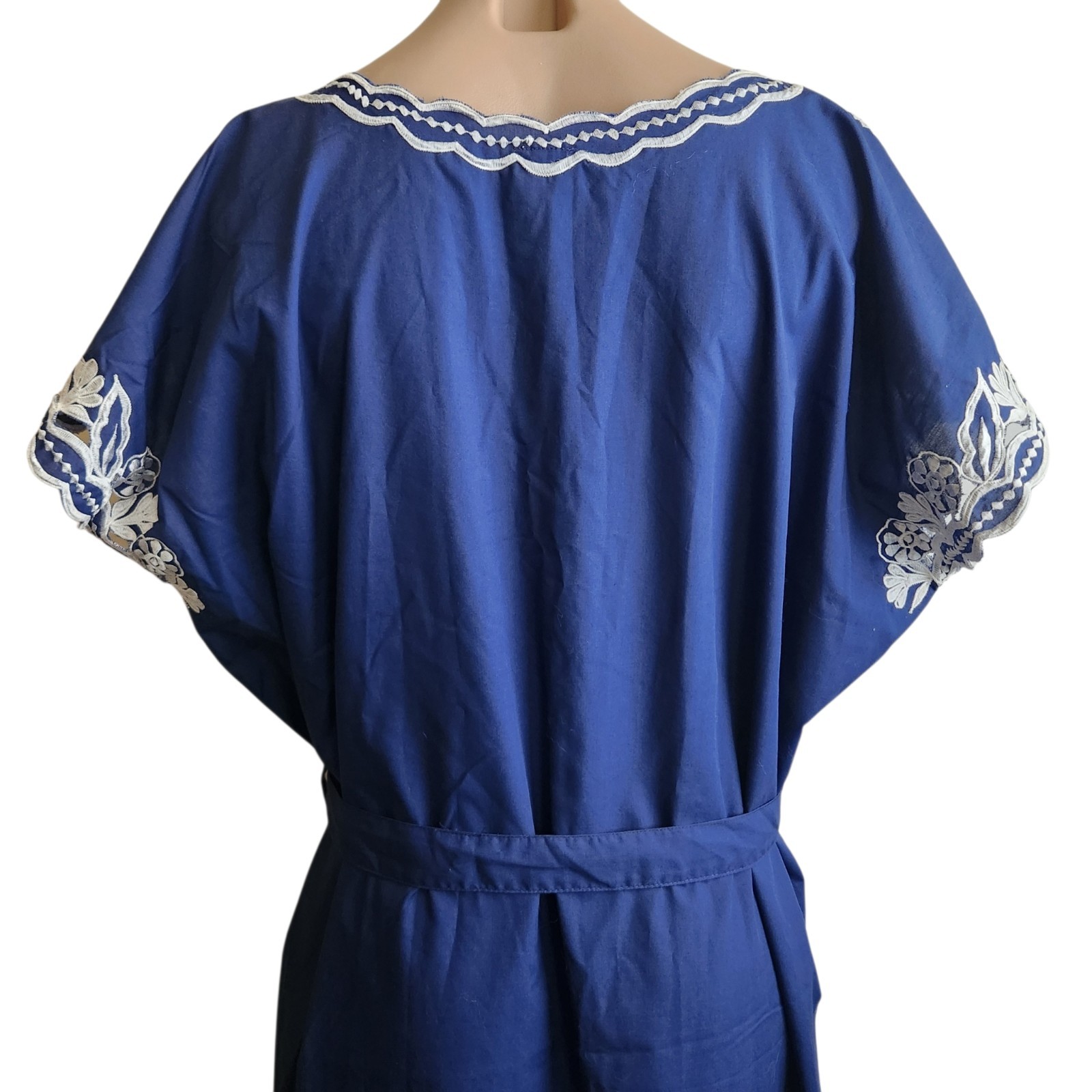 VTG 60s Caro Of Honolulu Hawaiian Aloha Dress Embroidered Blue MCM Boho Hippie