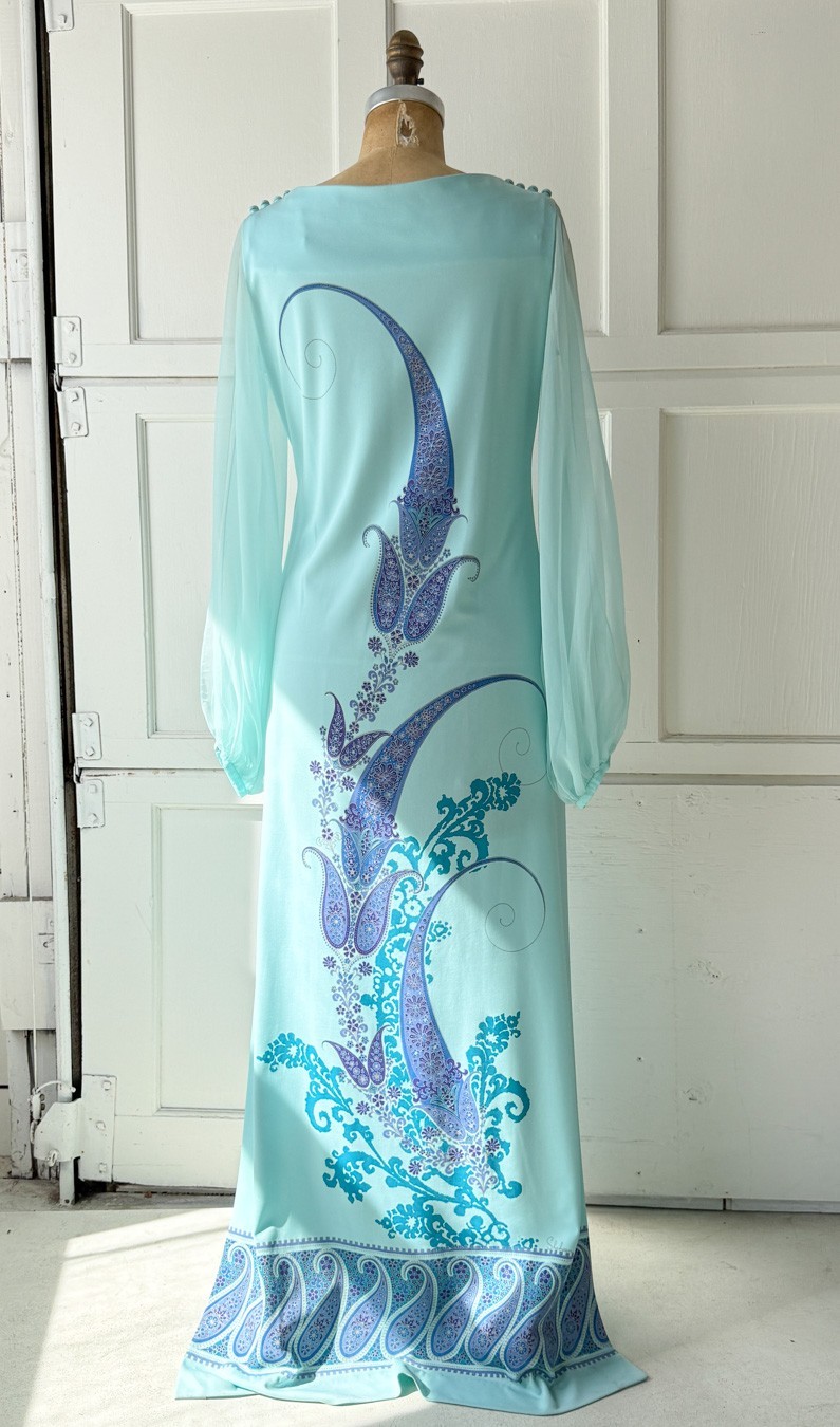 VTG 60s 70s Alfred Shaheen Aqua Blue Maxi Dress Sheer Balloon Sleeves L Hawaiian