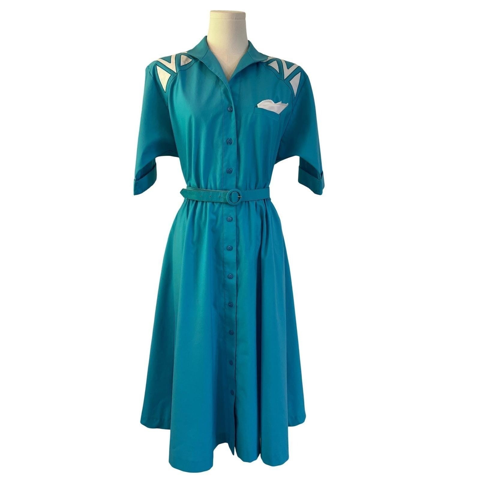 Vintage Teal Shirt Dress Belted Western Midi USA 80s Button Front Size 6