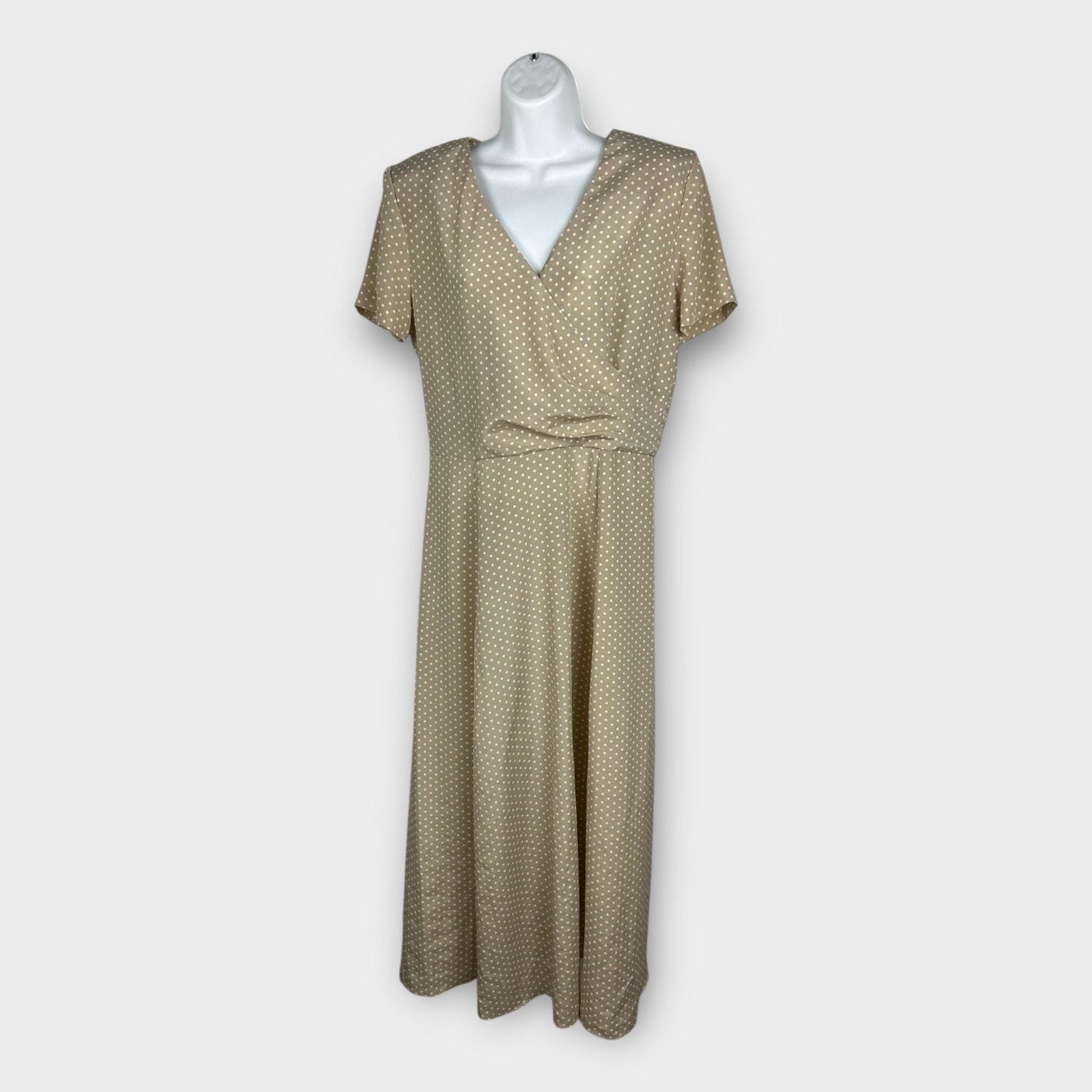D.J. Summers Polka Dot Midi Dress Vintage Retro Minimalist Boho Tan Polyester 12