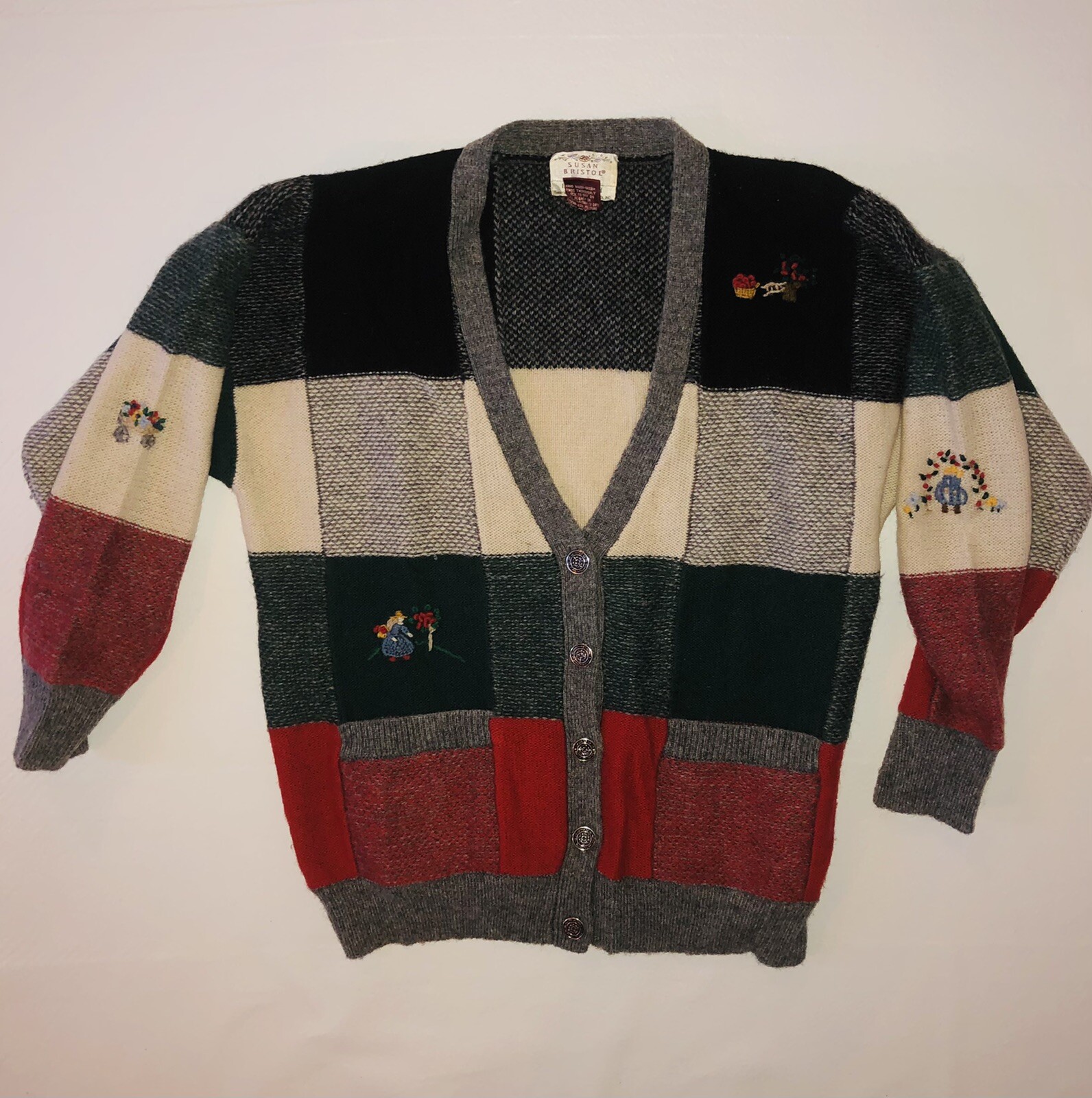 Vintage 1989 Susan Bristol Hand Embroidered Apple Picking Fall Wool Cardigan M