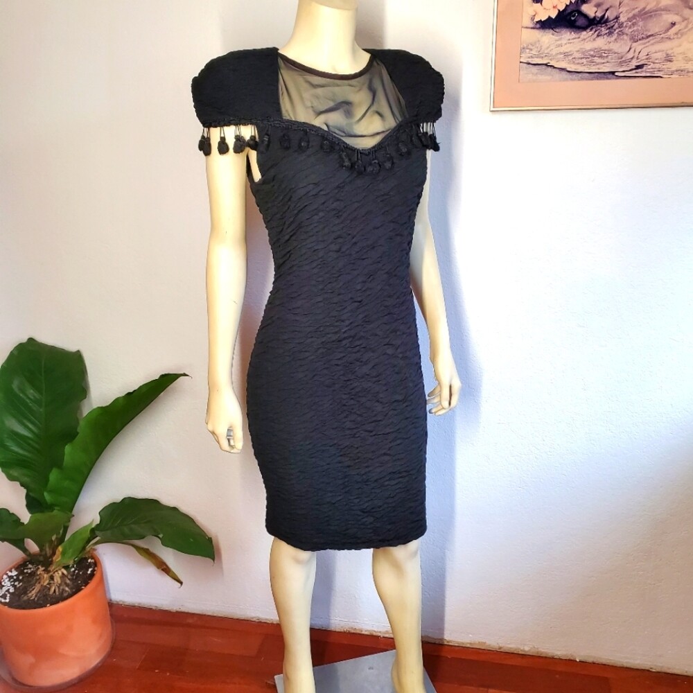 Vintage 80s Bodycon Tassel Cutout Dress Medium Black