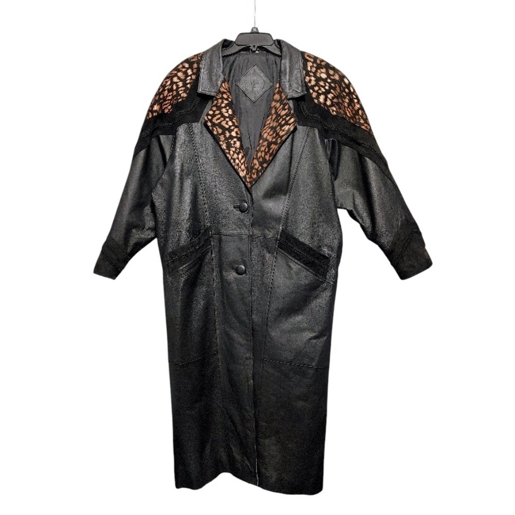 Vintage 80s JF J Ferrar Black Leopard Print Leather Suede Trench Coat Size Large