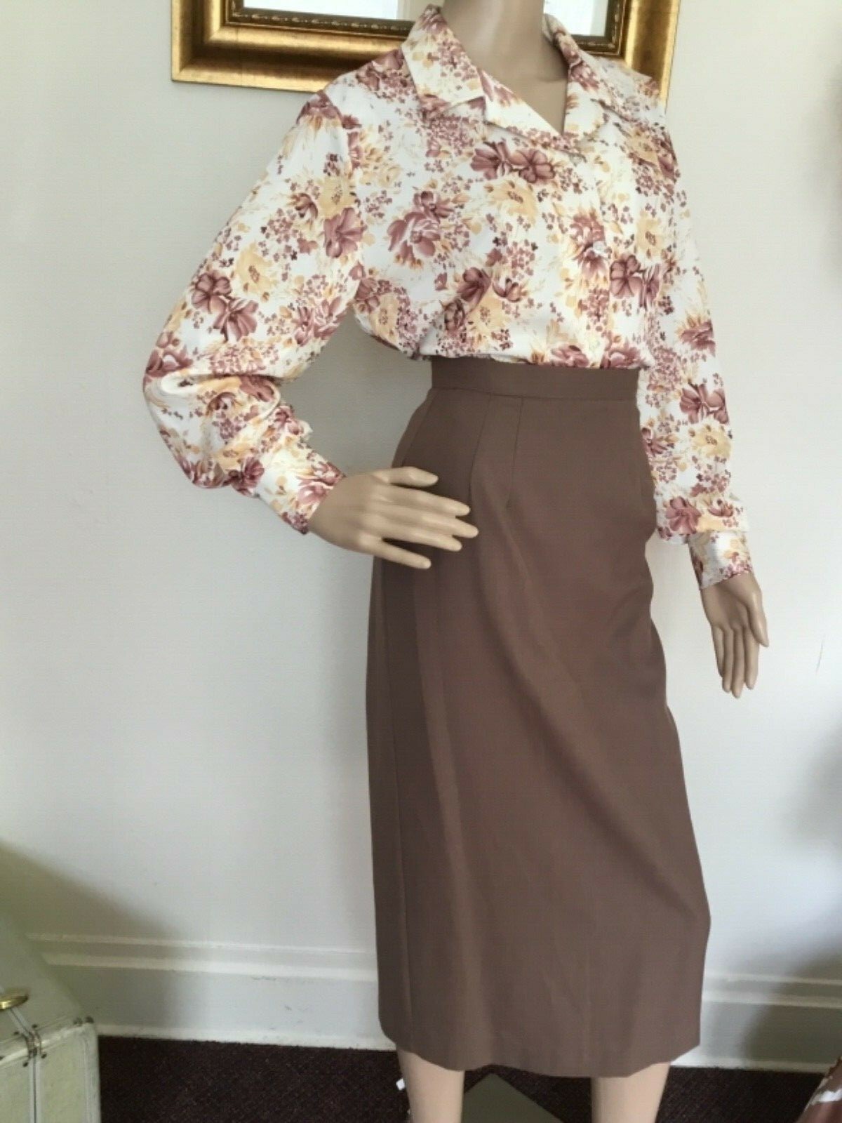 70’s Vintage White Brown Yellow Retro Floral Long Sleeve Blouse