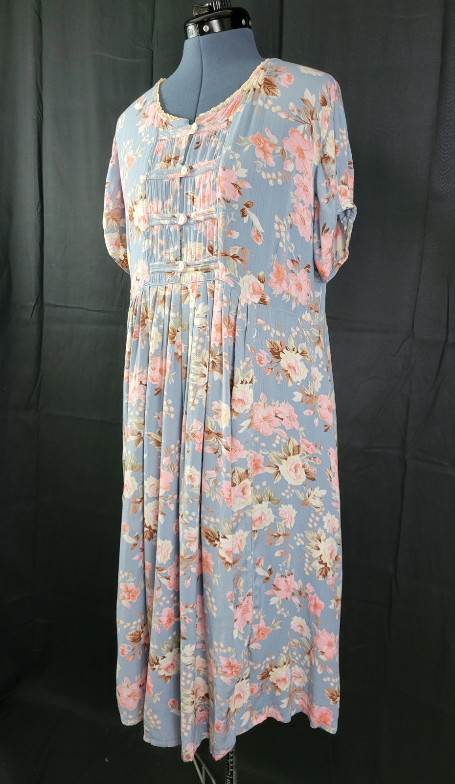 Vintage Ellen Ashley Blueish Grey Dress w Pink & Cream Florals Size 14P