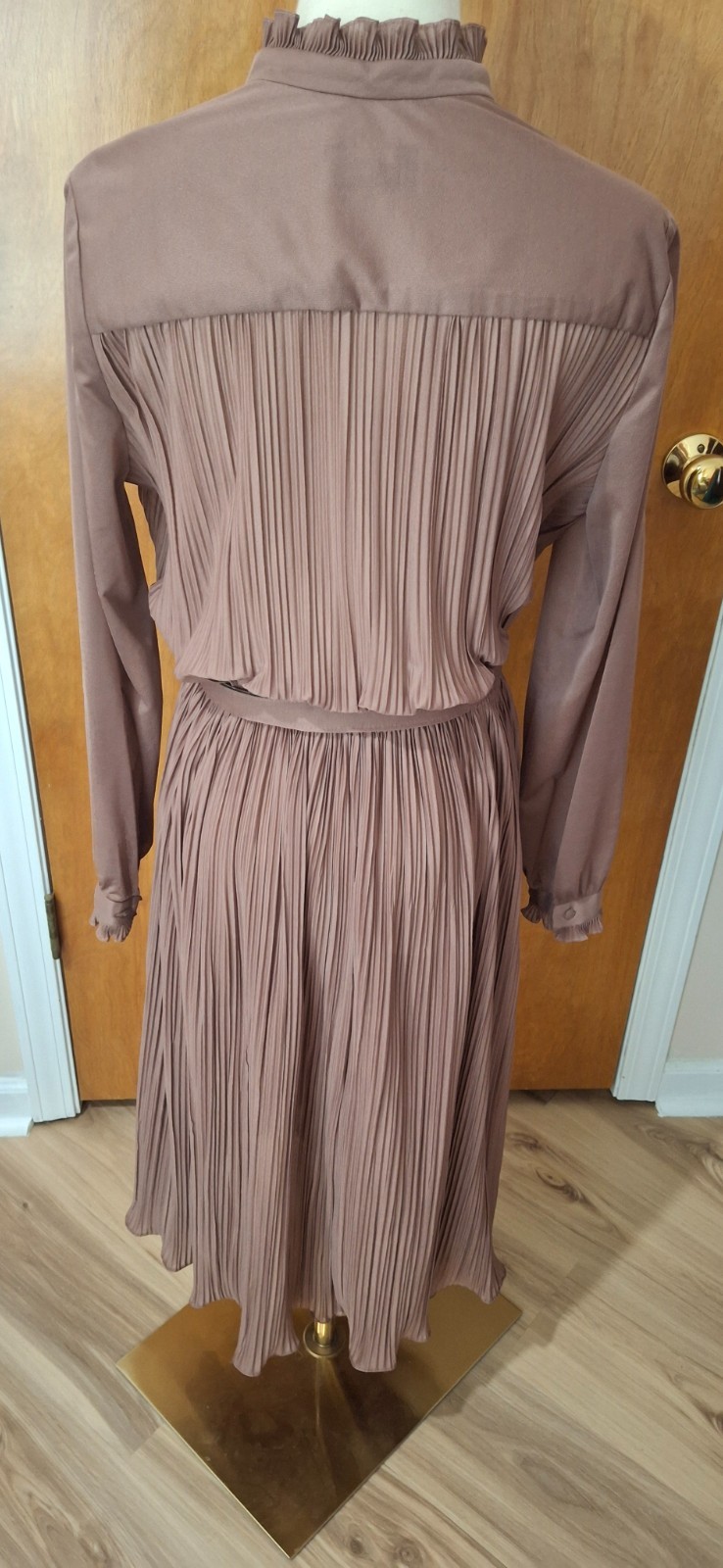 Hal Ferman Vintage Dress Pleated Mocha Brown Belt Flared Skirt Long Sleeve Sz 14