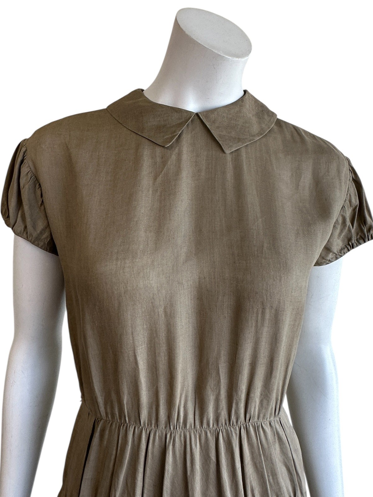 1940s 1950s Olive Green Dress Peter Pan Collar Rayon Linen Feel