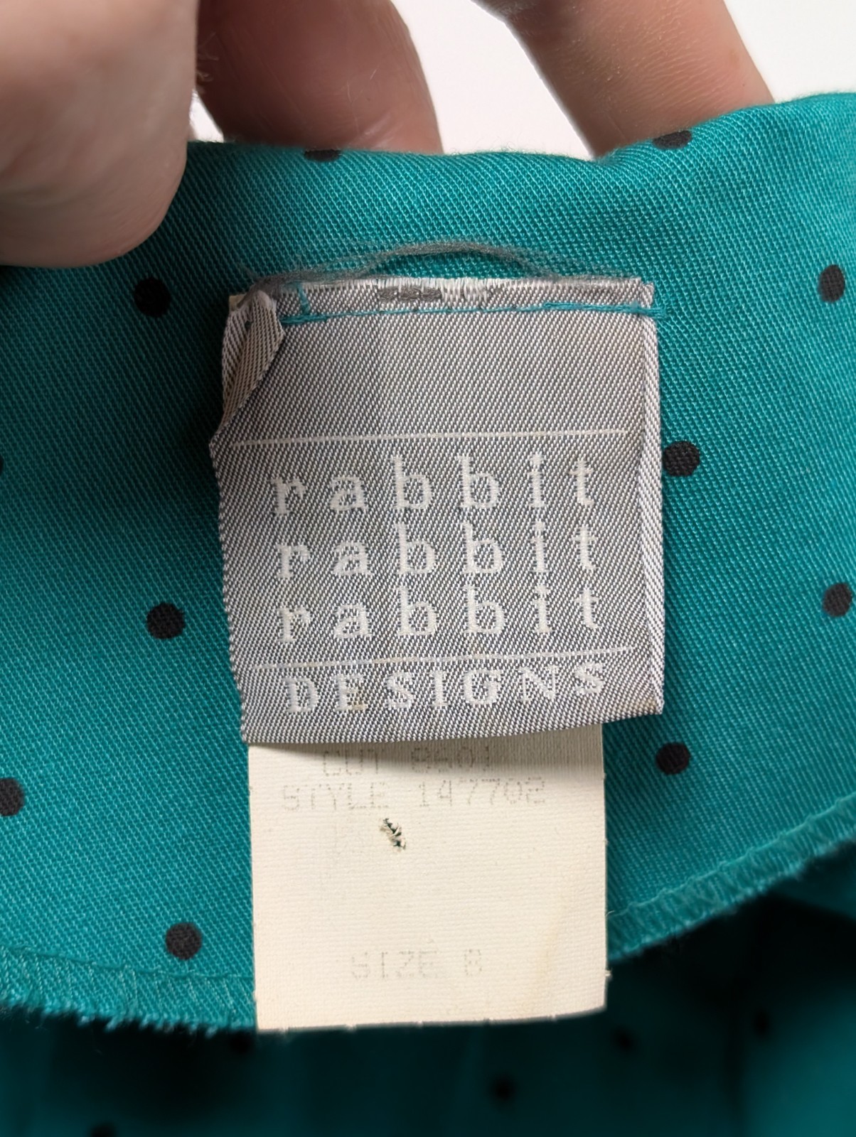 Vtg. 1980’s Women’s Rabbit Designs Belted Green/Black Polka Dot L/S Dress Size 8