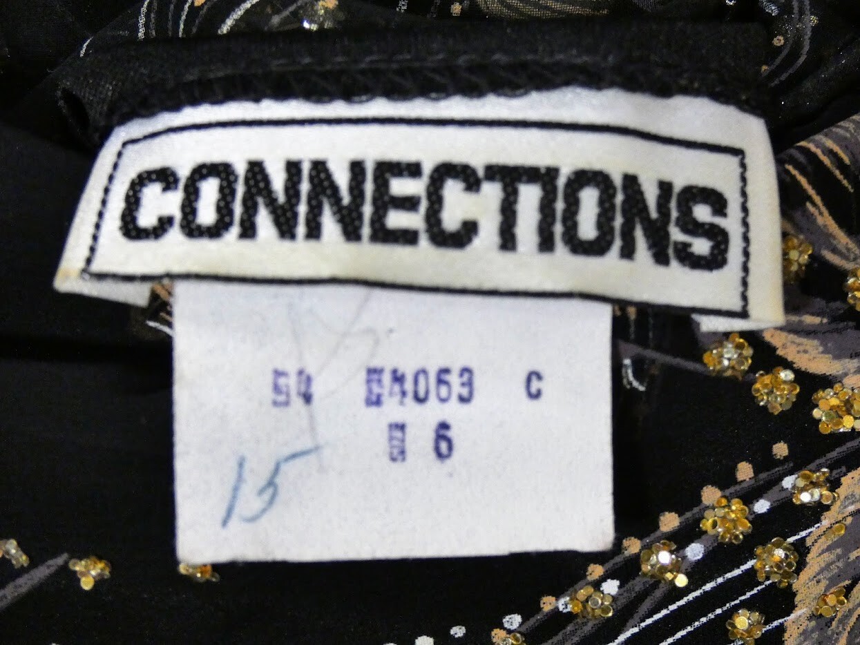 80s Vintage CONNECTIONS Black Puff Sleeve Silver Gold Glitter Dress ILGWU Small