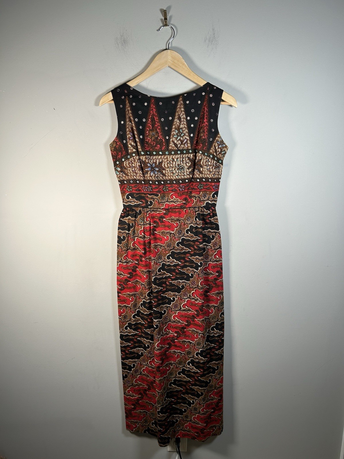 VTG 50s/60s Batik Border Print Bateau Neck Cotton Sheath Dress Womens Sz S