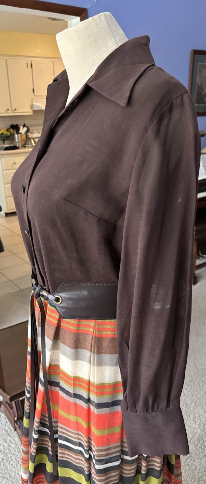VTG 1970s Maxi Dress Retro Mod Stripe Belt Semi Sheer Brown Orange B34″ W28″ M