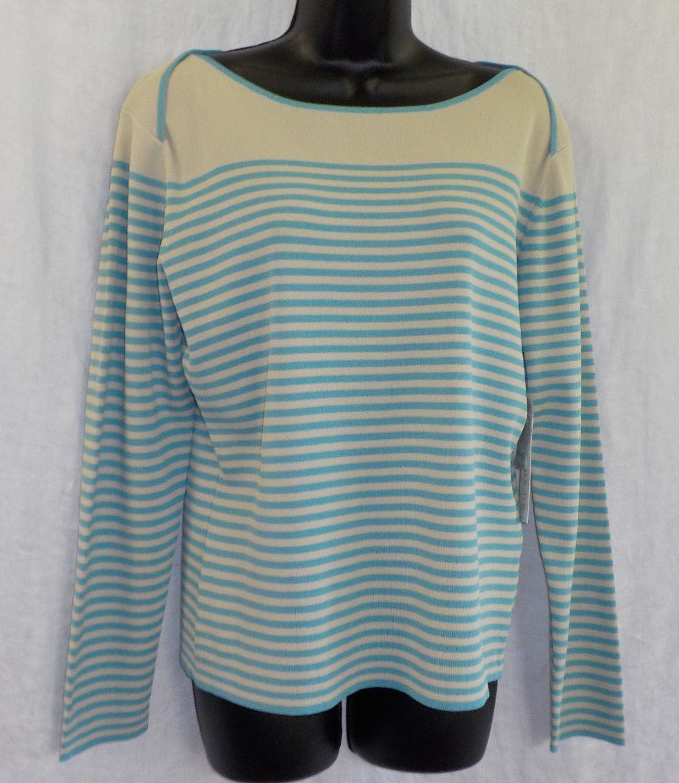 Vintage Pursuits ltd. Knit Top Size L NWT Blue Stripe Rayon Blend Long Sleeves