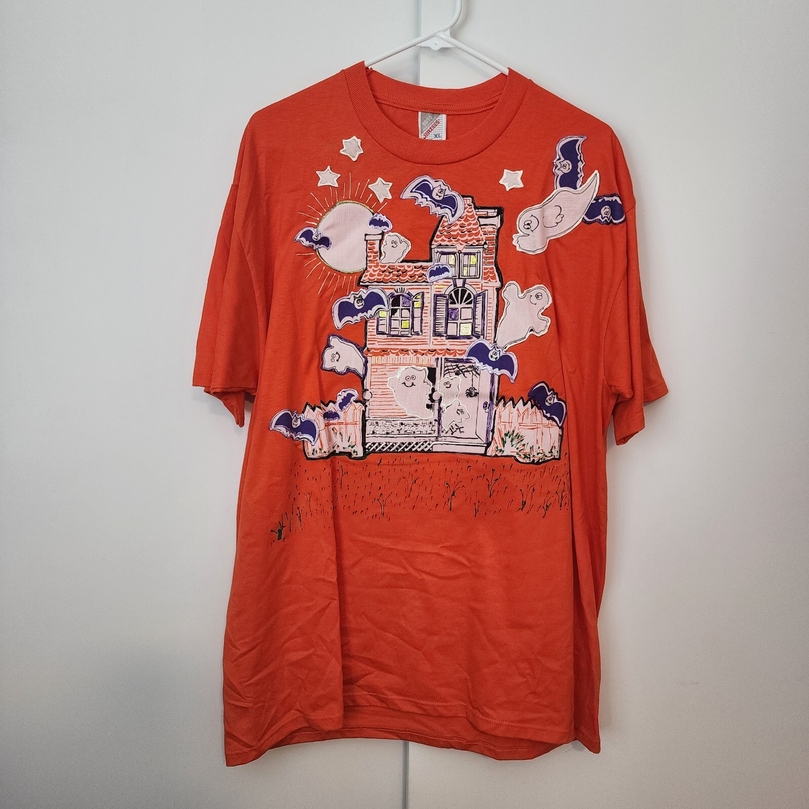 Vtg Jerzees Tee Painted Halloween Pumpkin Bats Ghost Haunted House 80’s 90s XL