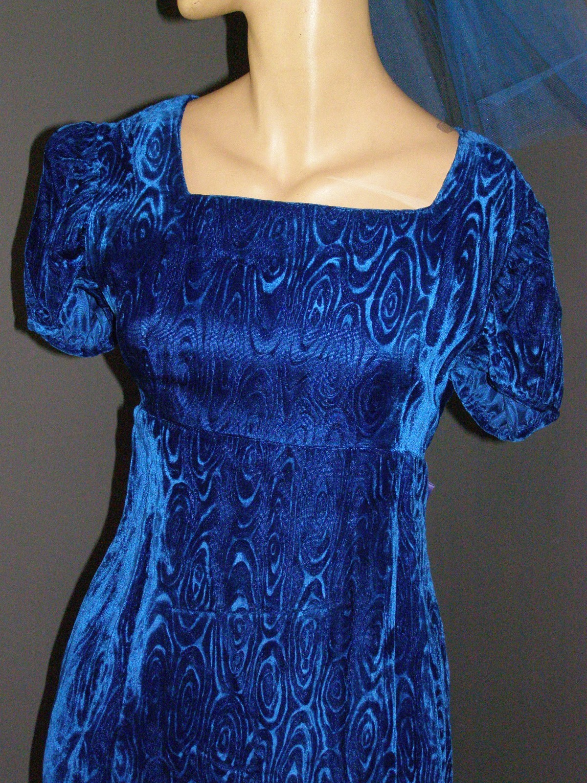 Vintage 60’s royal blue swirl VELVET maxi dress S M BOW back & hair comb regal