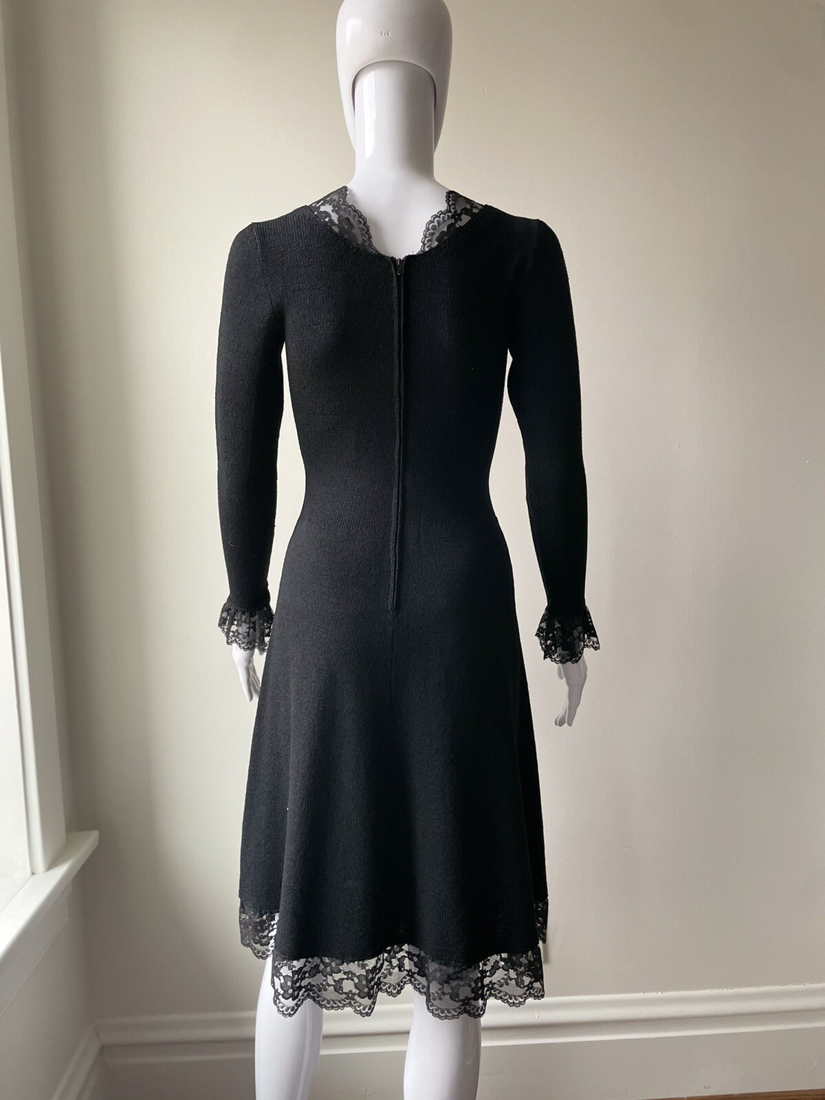 vintage XS S 60s 70s ADOLFO NY black knit midi lace Goth EUC no flaws