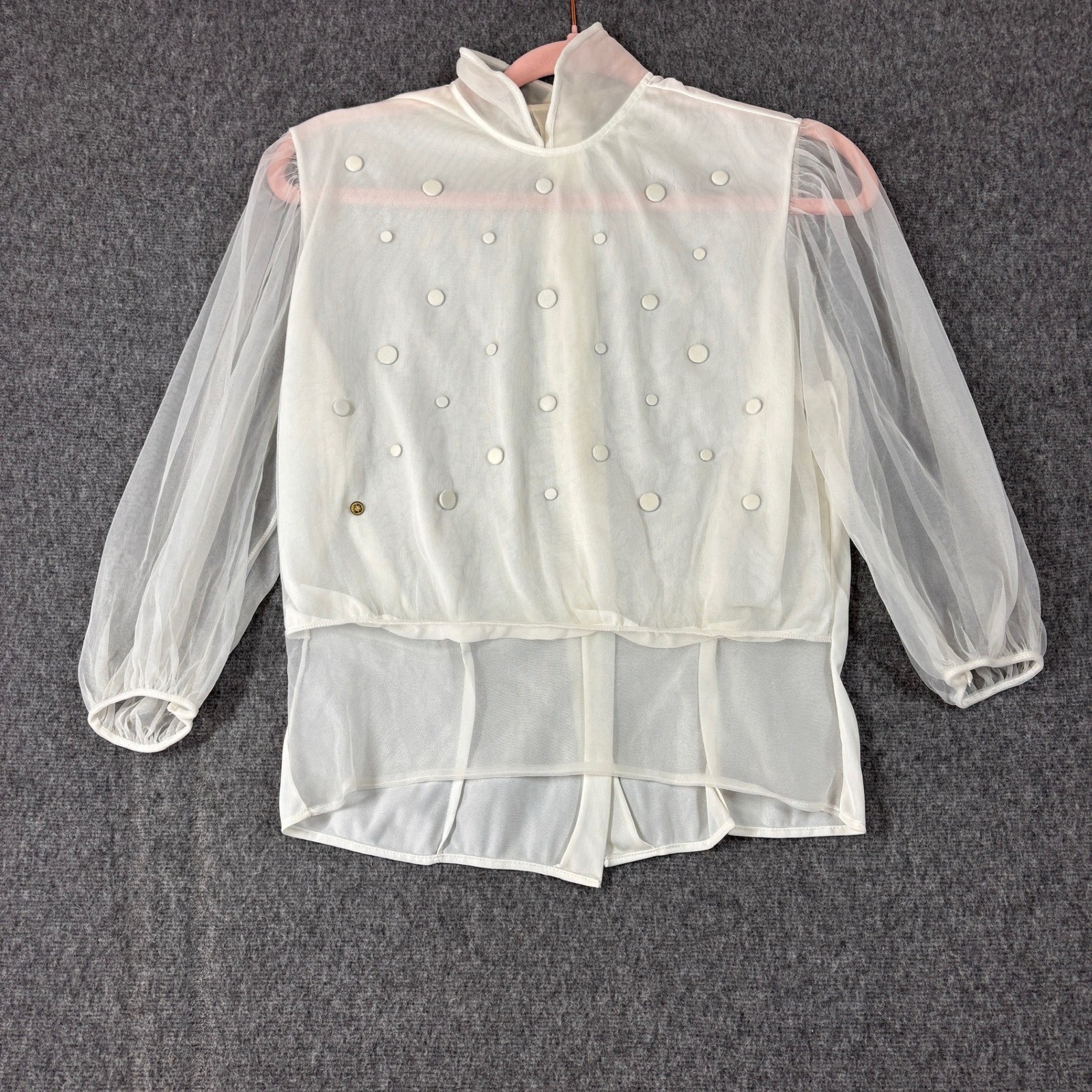Vintage White Sheer Mesh Puff Sleeve Button Back Blouse Top small *read