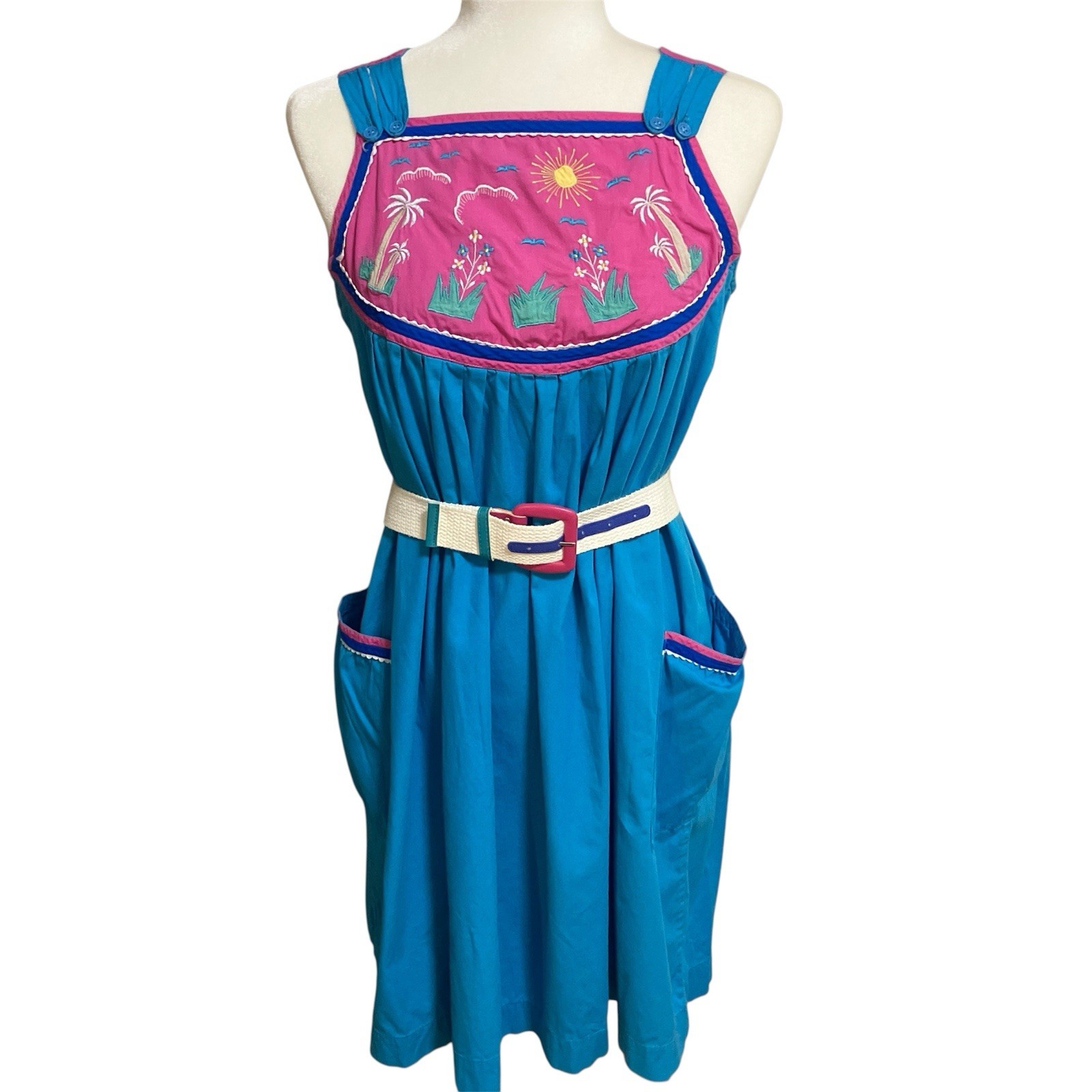 Vintage Blue & Pink Sundress With Embroidered Front Yoke And Deep Pockets Size S