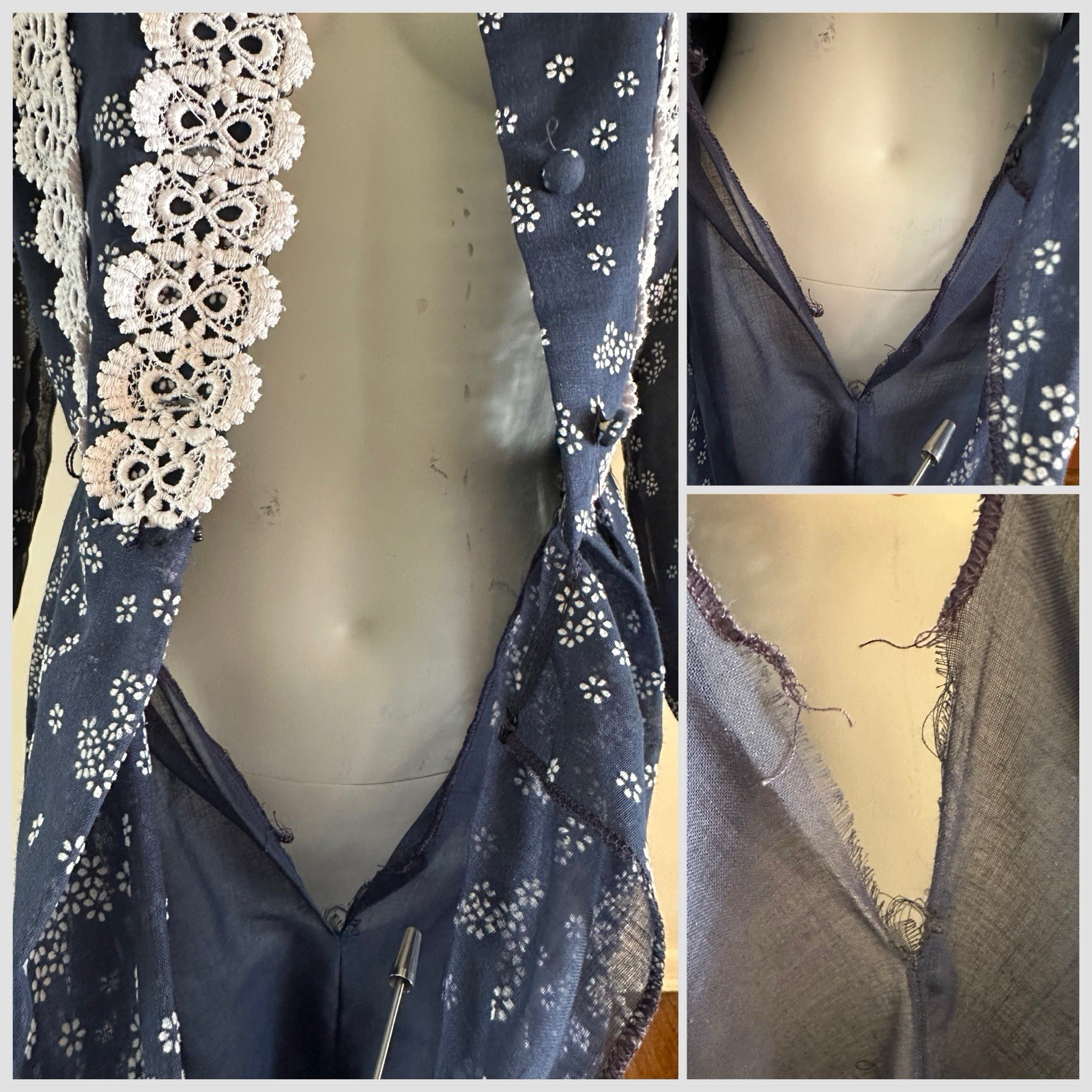 1970s Avalon Classics Dagger Collar Maxi Dress Boho Prairie Lace Daisy Print VTG