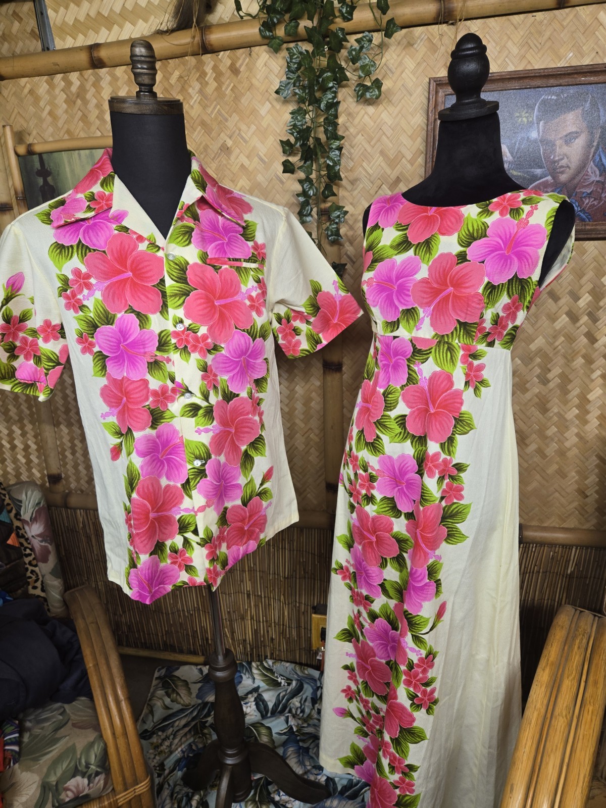 Vintage Ui-maikai Hawaiian Barkcloth Aloha Shirt And Dress Honeymoon Set w1142