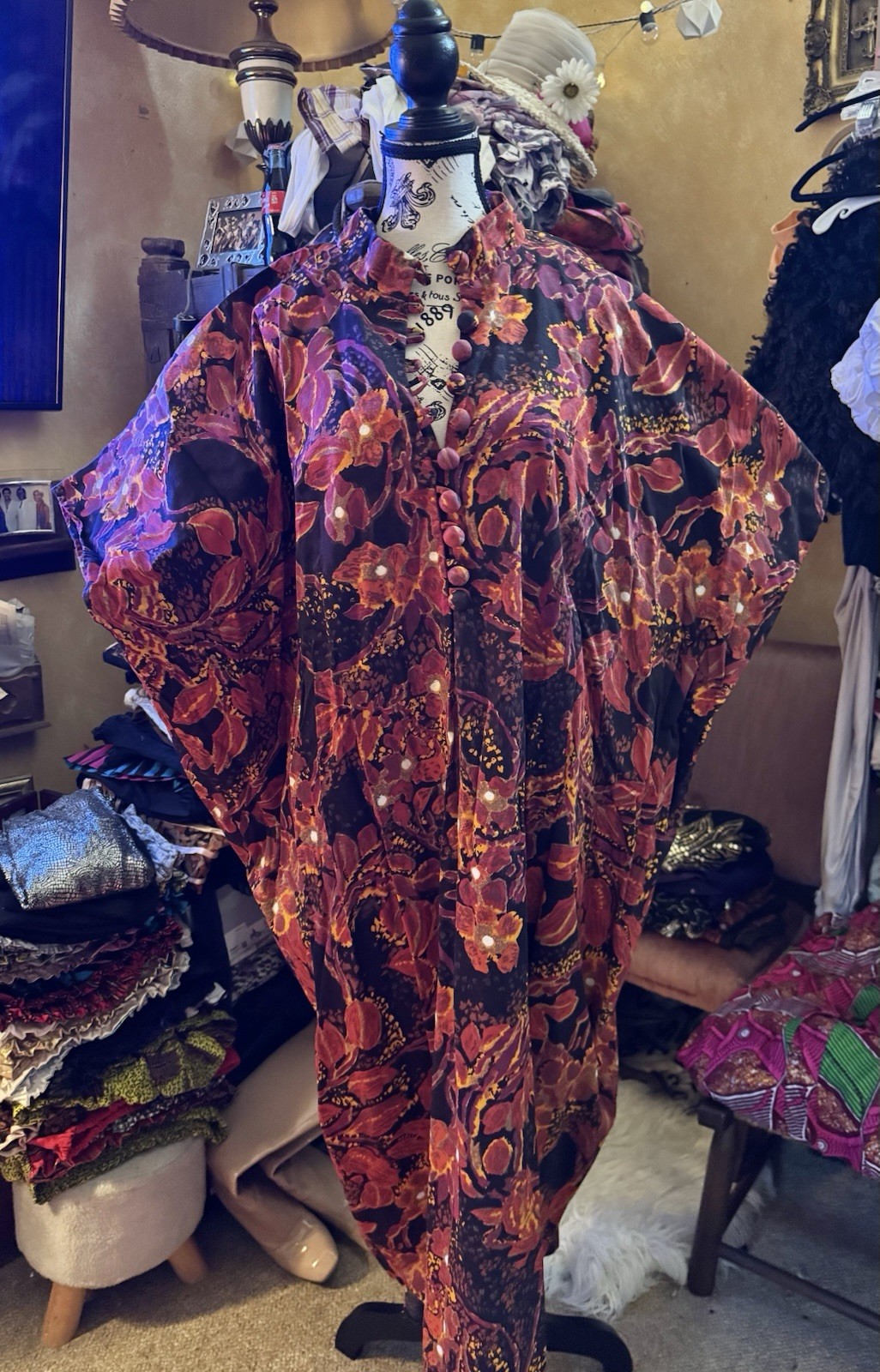 Vtg Caftan Alice California Perma Press Maxi Dress Covered Buttons Rare Goddess