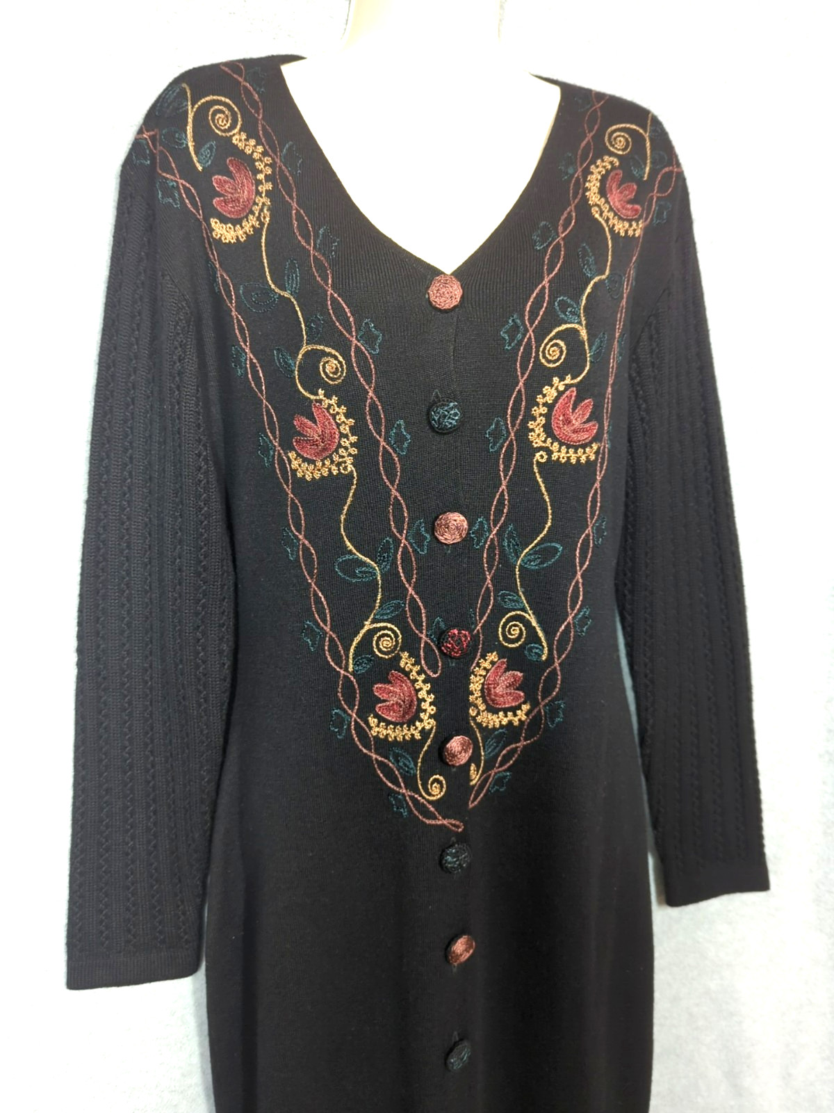Vtg Embroidered Midi Sweater Dress M Blk Button Up Art to Wear Boho Chic Stylish
