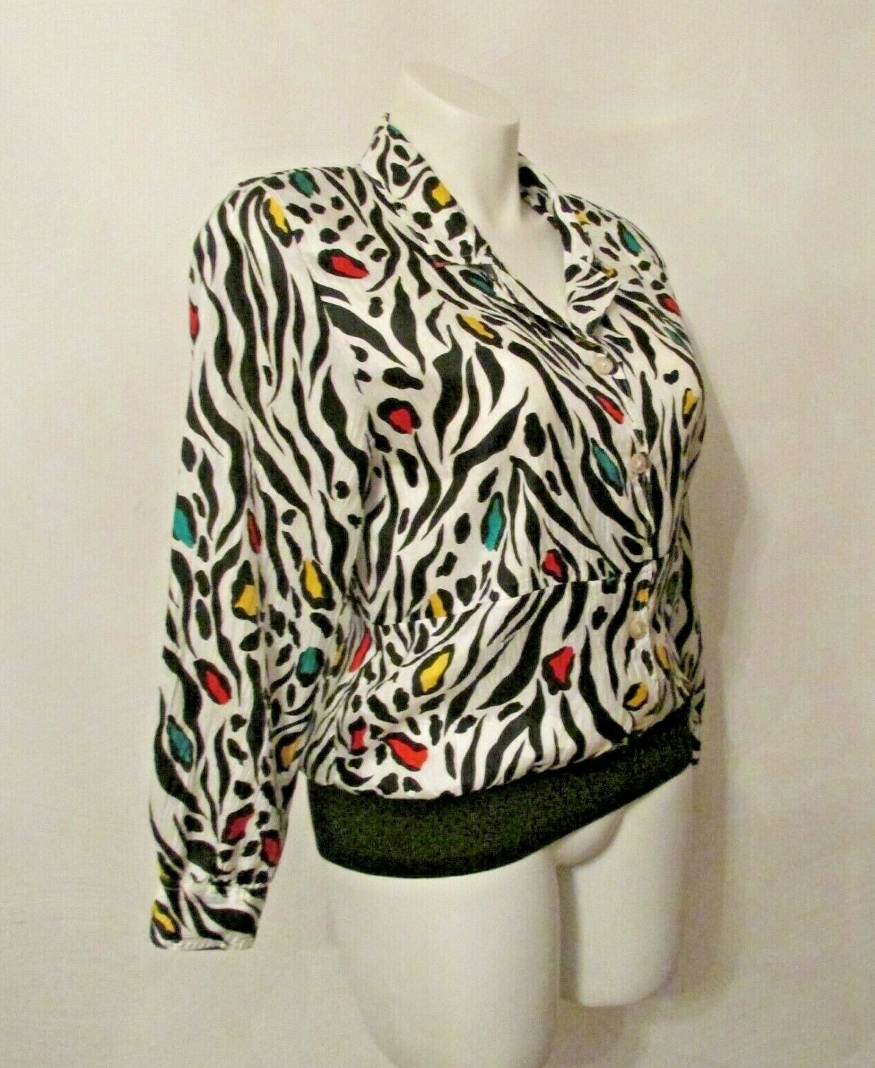 Leslie Fay Separates Multicolor Zebra Print Button Up L/S Top Blouson Blouse M