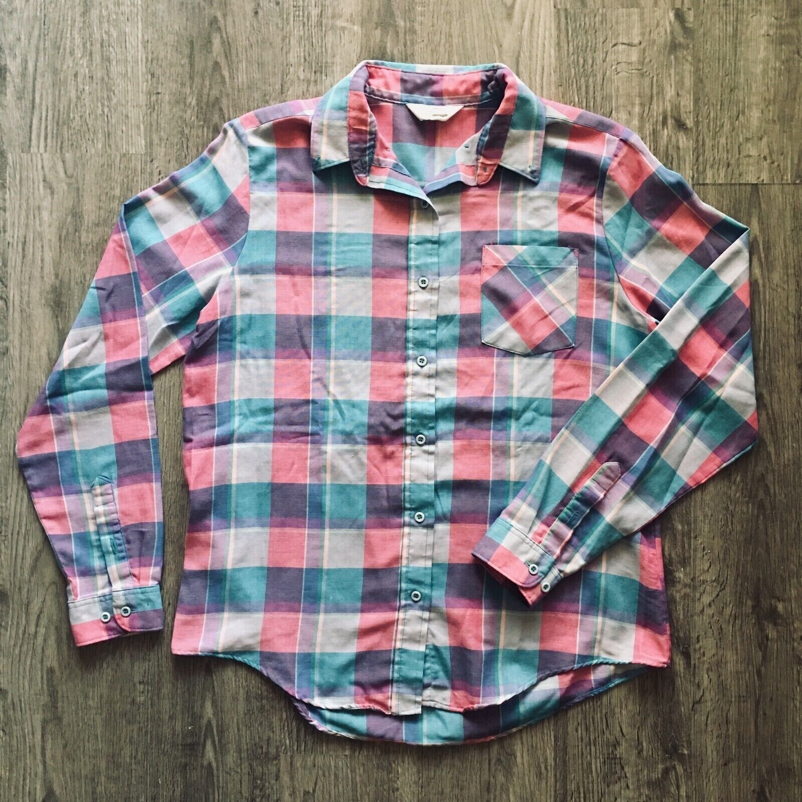 Vintage 80s 90s Retro Classic Elegance Pink Purple Plaid Spring L/S Casual Top