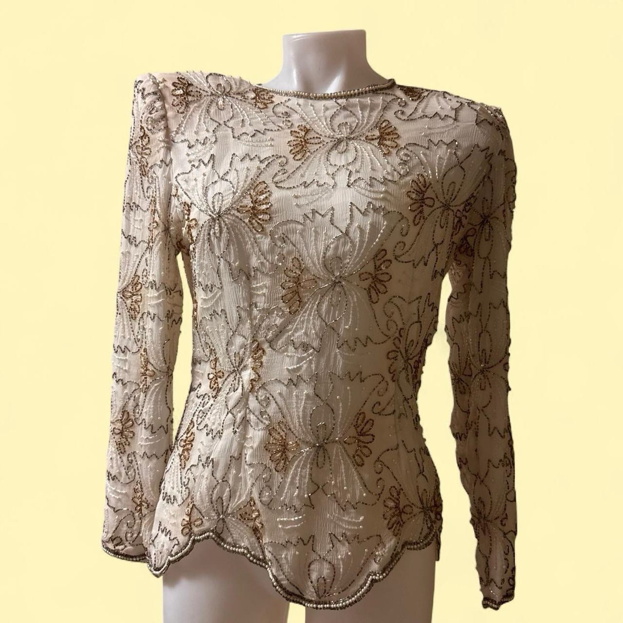 VTG Stunning Cream And Gold Beaded Blouse Size L Bridal Formal Cocktail