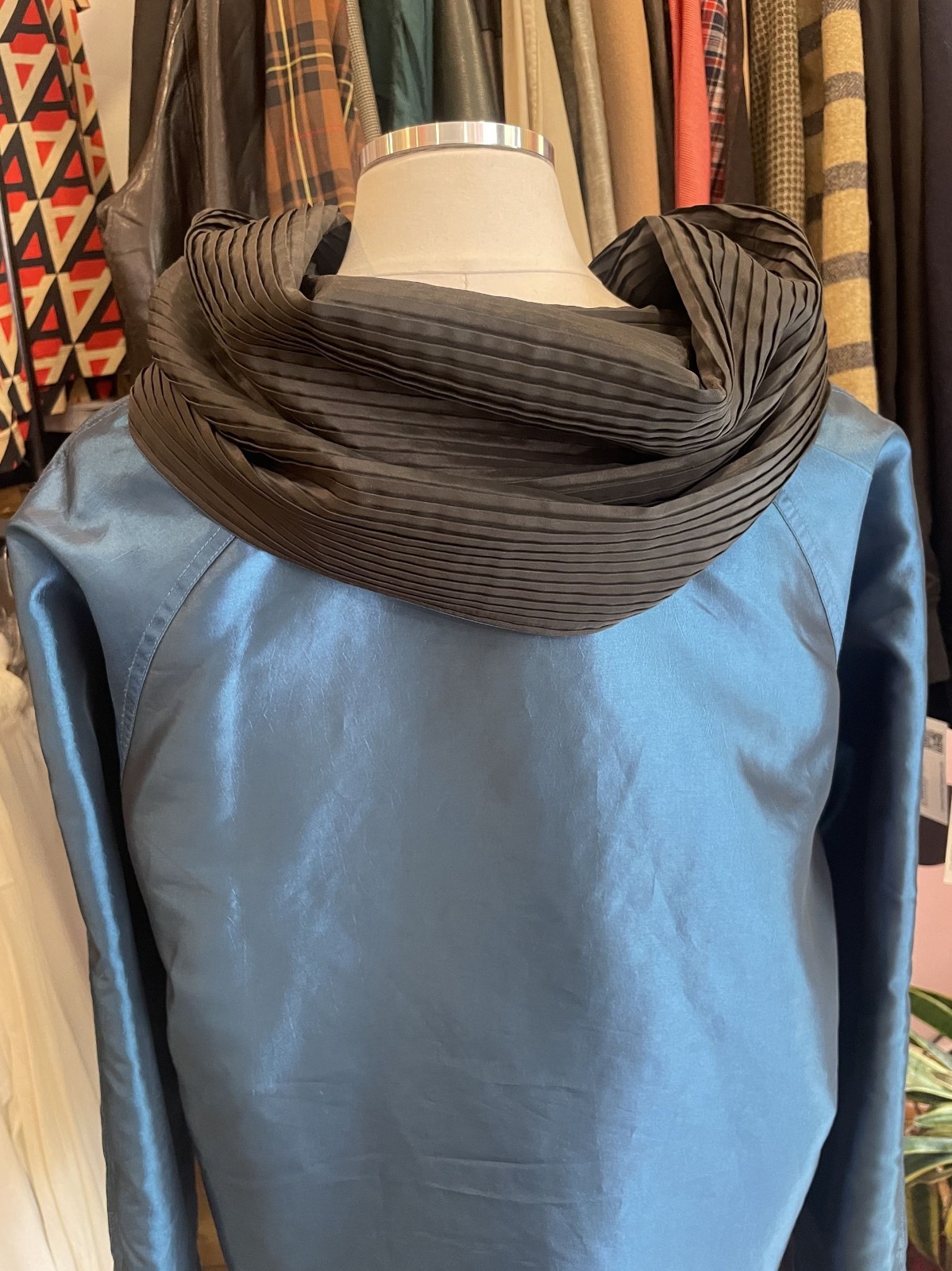 *Reversible* Blue and Black Windbreaker material long trench with pleated hood—M