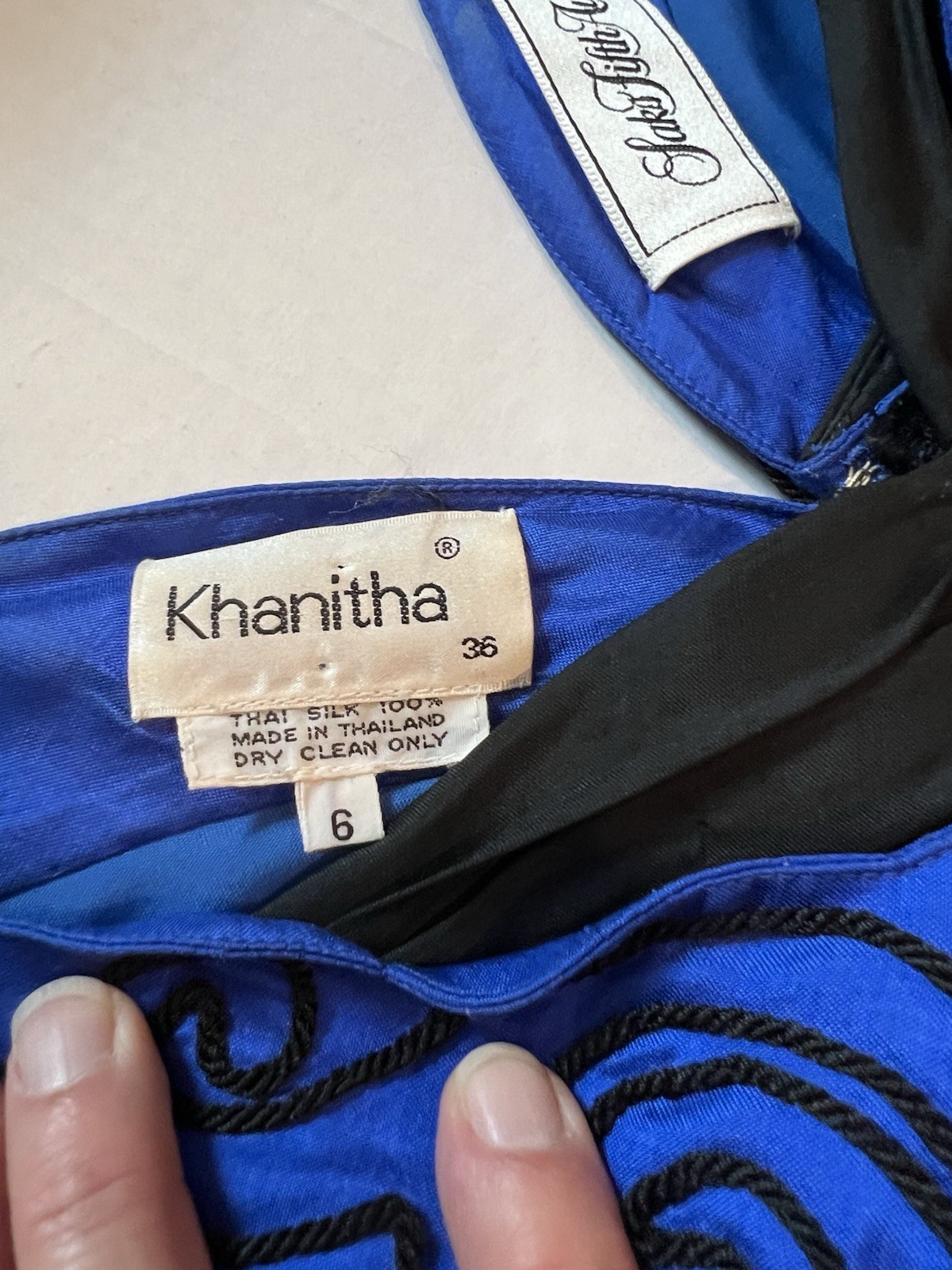 Vtg Khanitha Saks Fifth Avenue Thai Silk Dress Sz 6 Black & Royal Blue Dress