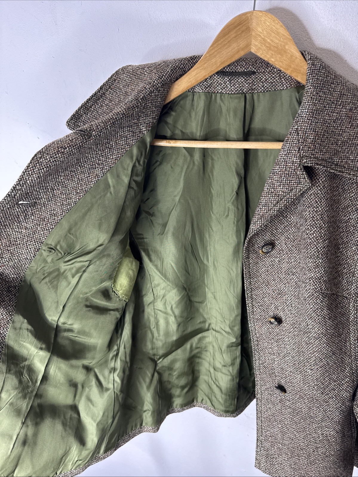 Vintage Lindner Women M Tweed Wool Jacket Green Suede Trim Equestrian 70s German
