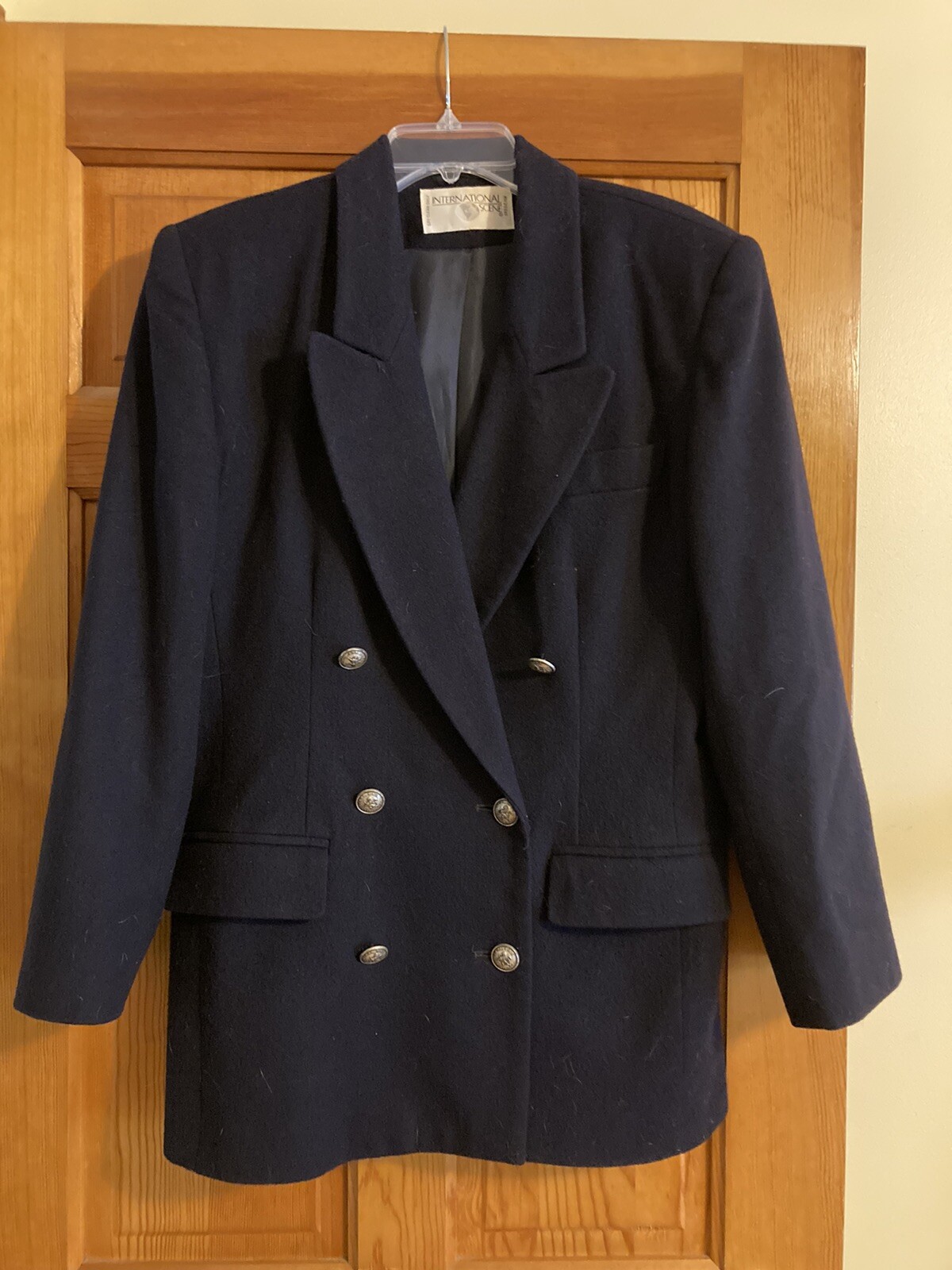 International Scene Womans wool jacket size 10 blue double breasted long vintage