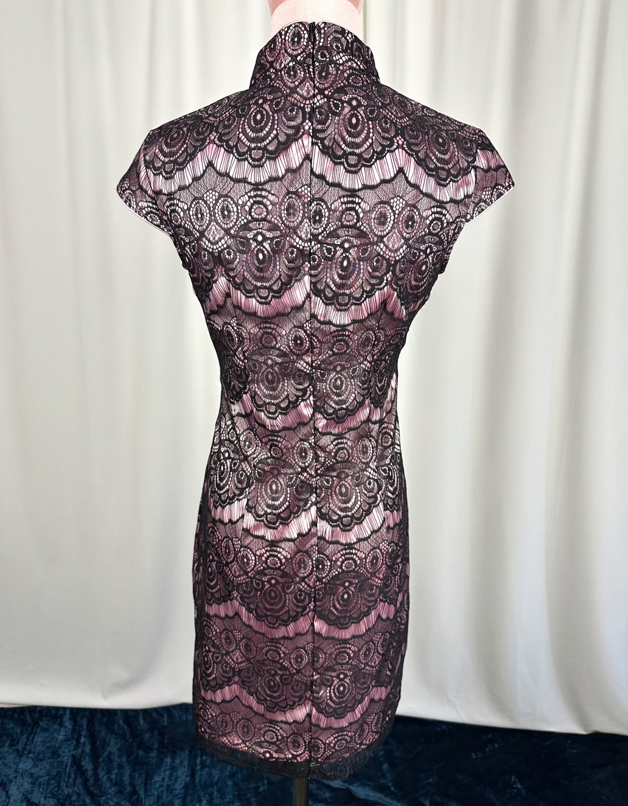 Vintage Lace Mandarin Collar Dress XS Pink Black Cocktail Party Beijing Purchase