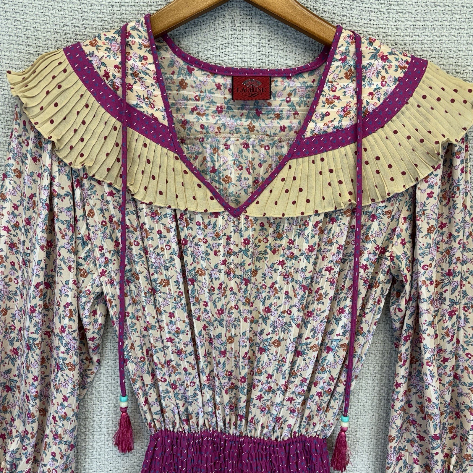 Vintage Lachine Boho Prairie Floral Midi Dress Small Pleated Ruffle Cottagecore