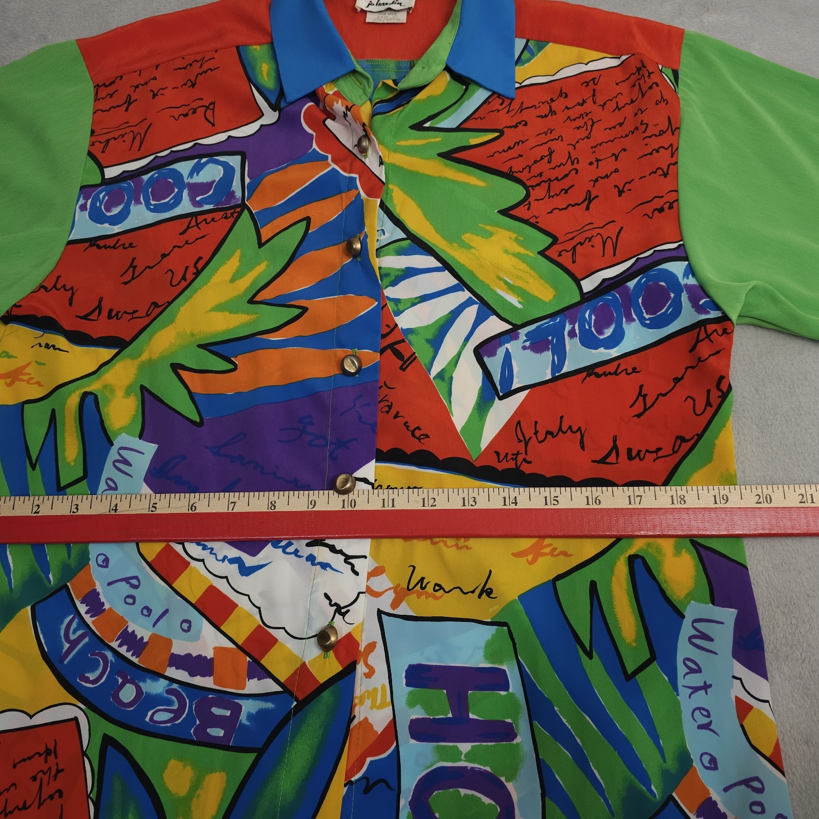 Vtg Bold Colorful Blouse 1980s Travel Novelty Print USA Med Lrg Big Button Silky