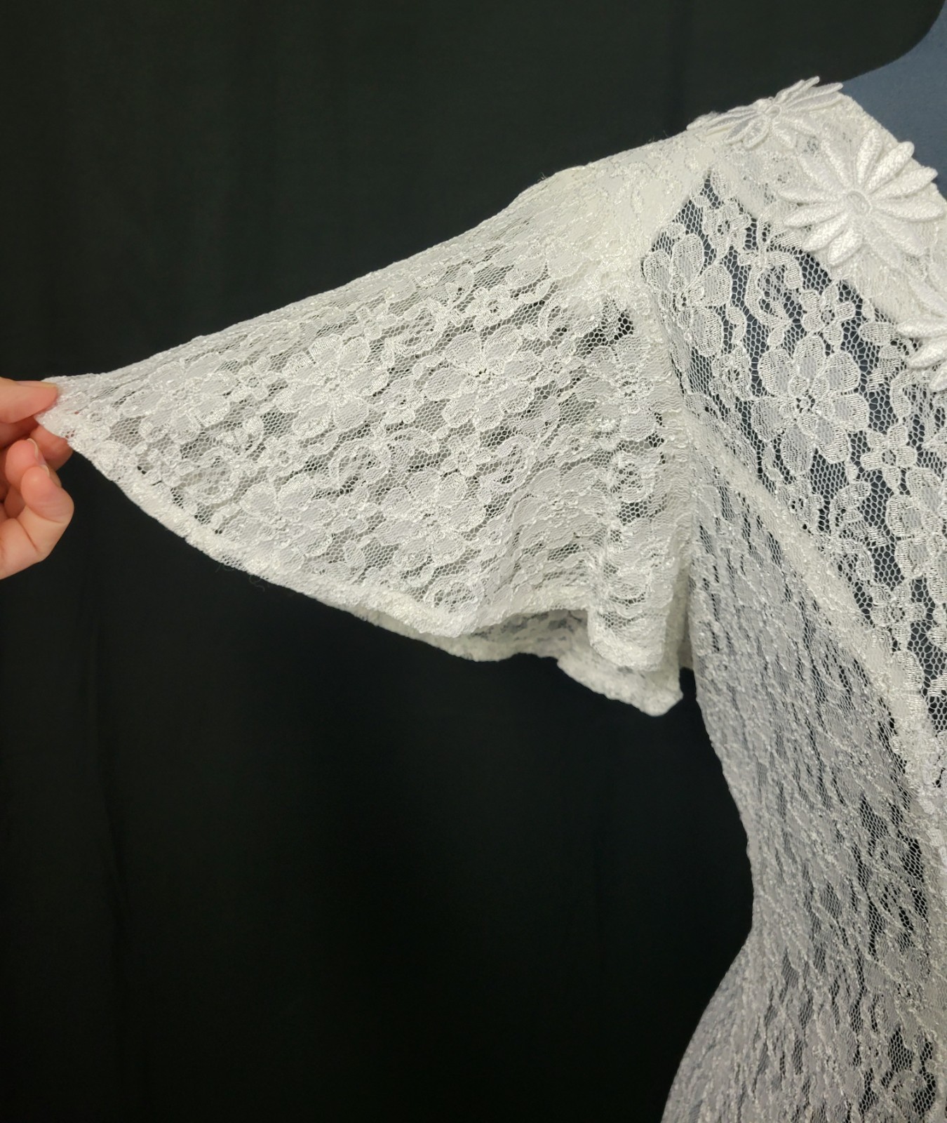 Vtg Dawn Joy Fashions White Lace Fit & Flare Dress w Flutter Sleeves Size 9/10