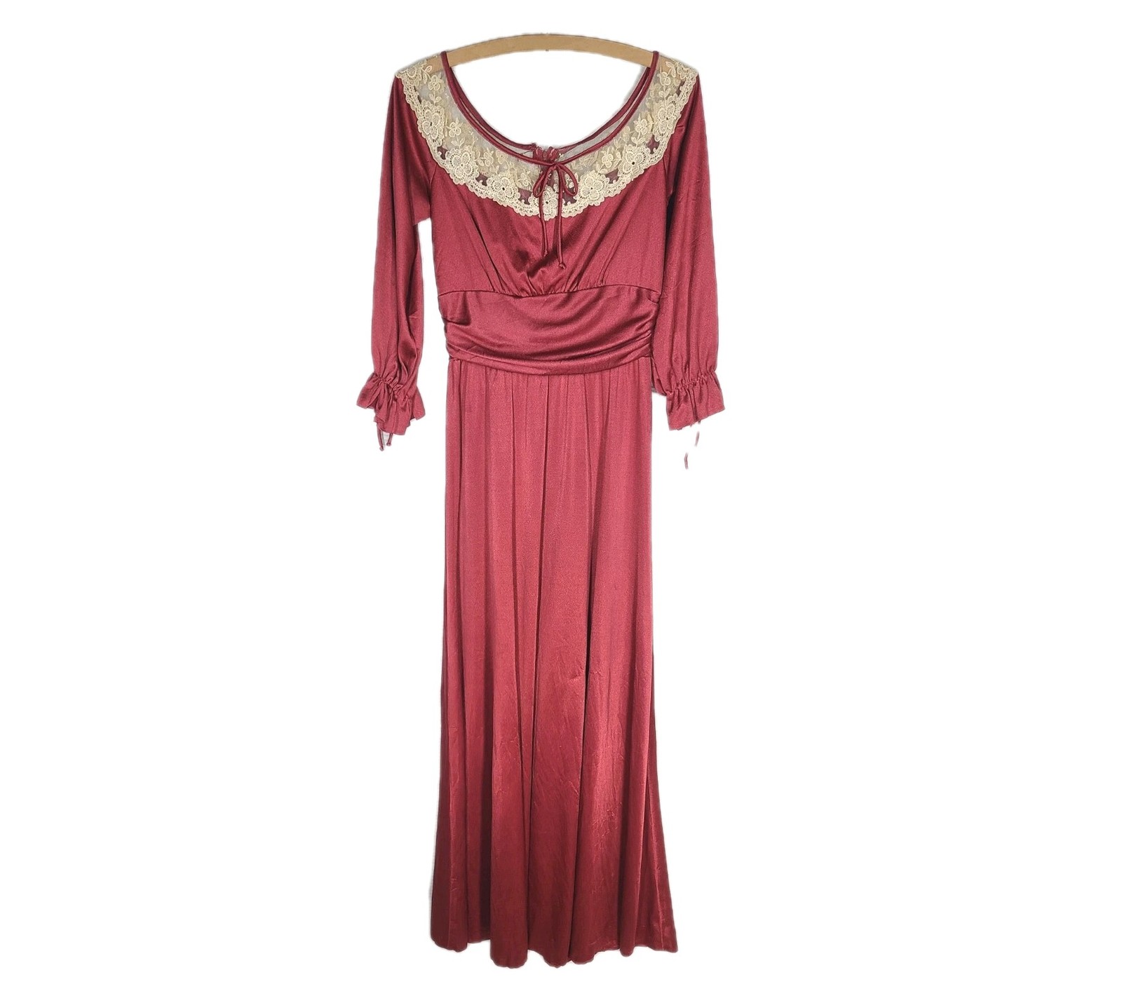 Vintage 1970s Long Dress 14 L Burgundy Liquid Knit Lace Mesh Bust Poly Union Tag