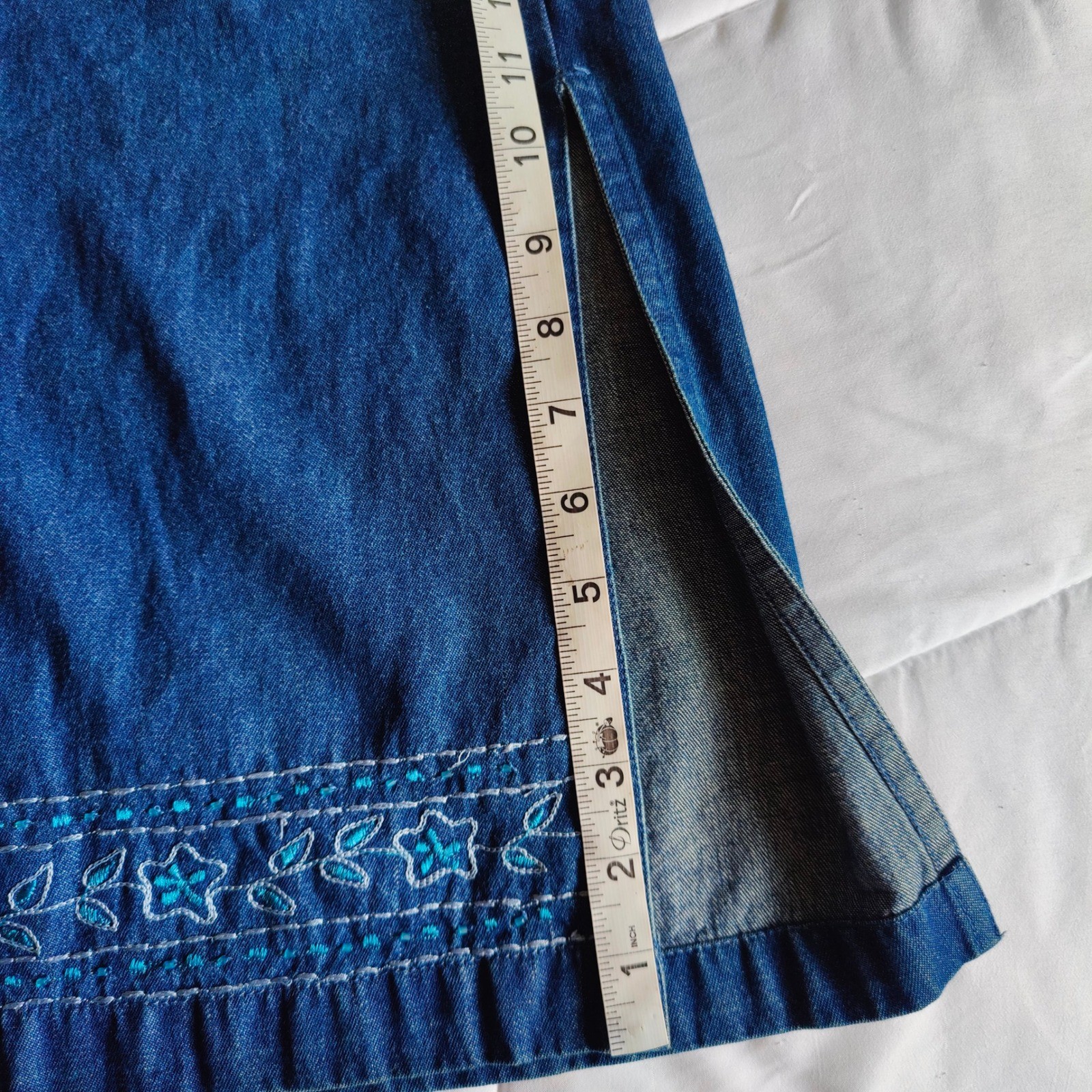 Erika Vintage 90s Denim Pinafore Jumper Dress Maxi Embroidered XL Cottagecore