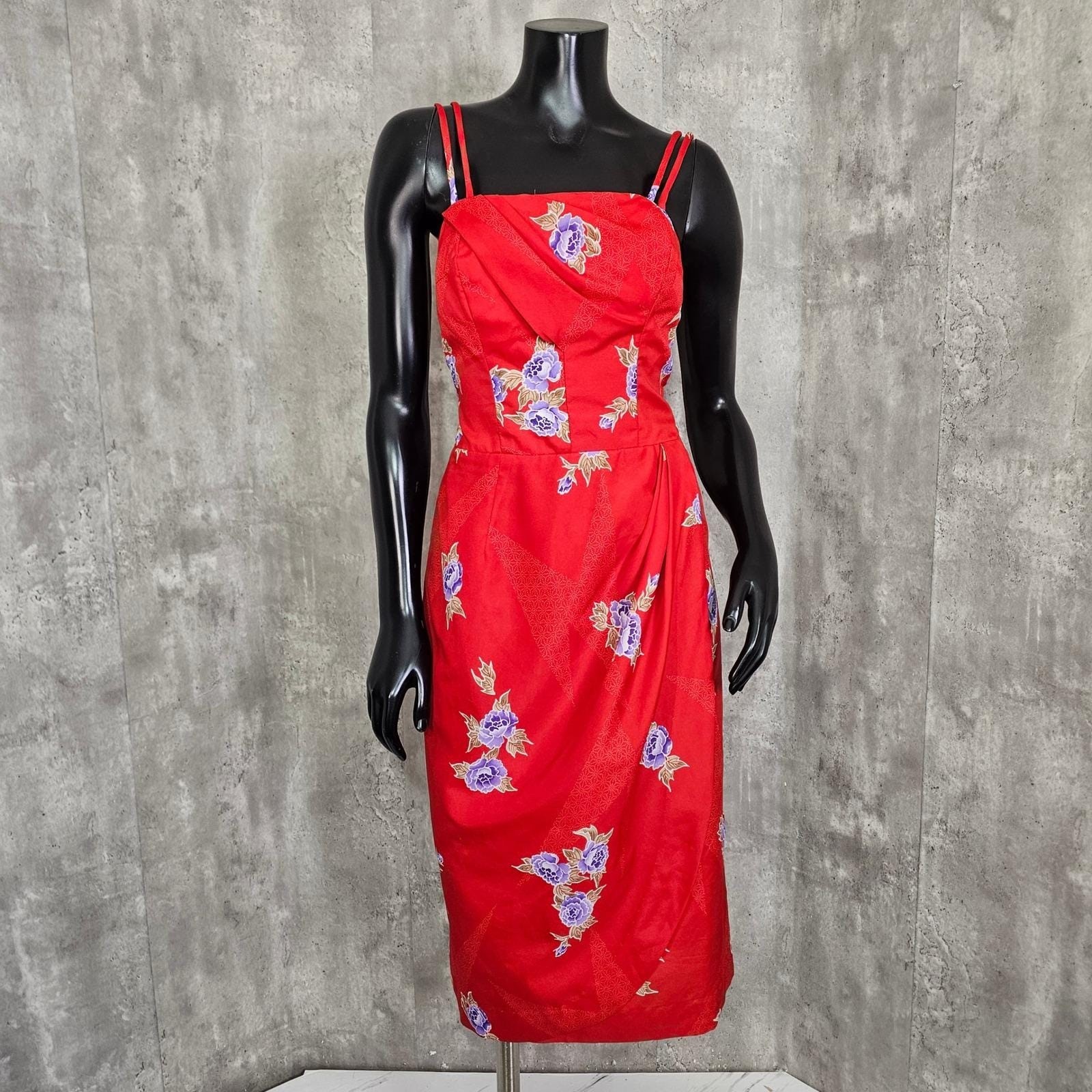 Vintage Paradise Hawaii Red Floral Hawaiian Sarong Dress Talon Zip Pinup Tiki