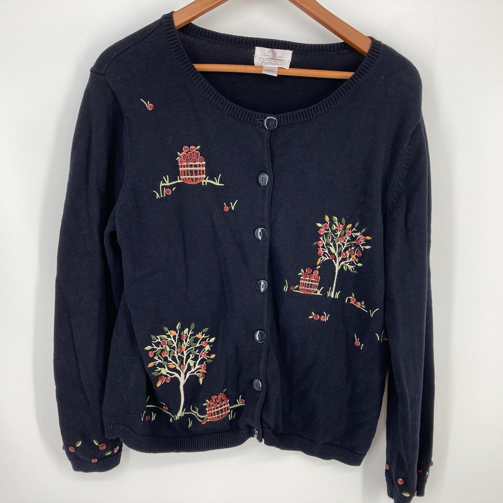 Vtg Christopher & Banks L Embroider Apple Tree Cardigan Fall/Cottagecore/Teacher